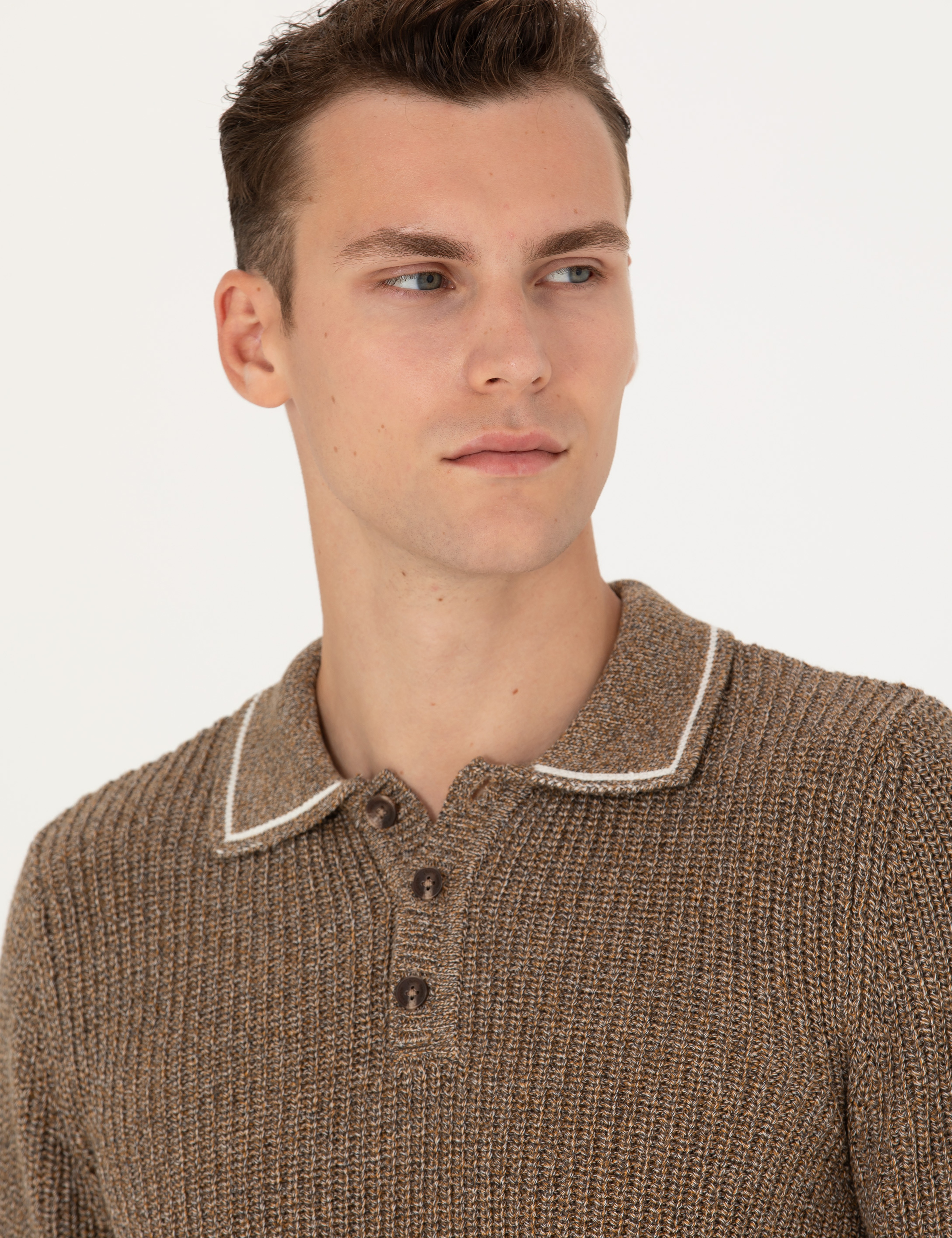 Kahverengi Slim Fit Düğmeli Polo Yaka Triko Kazak - Image 2
