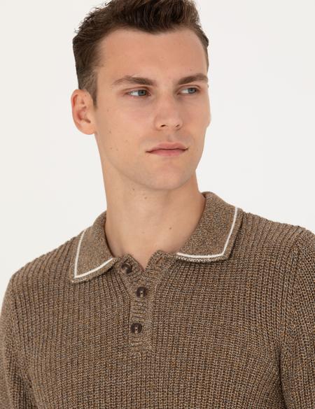 Kahverengi Slim Fit Düğmeli Polo Yaka Triko Kazak - 50260288021