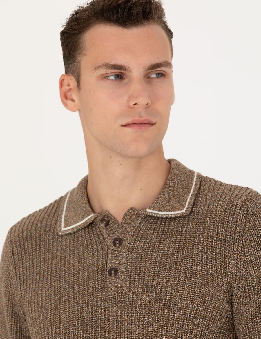 Kahverengi Slim Fit Düğmeli Polo Yaka Triko Kazak