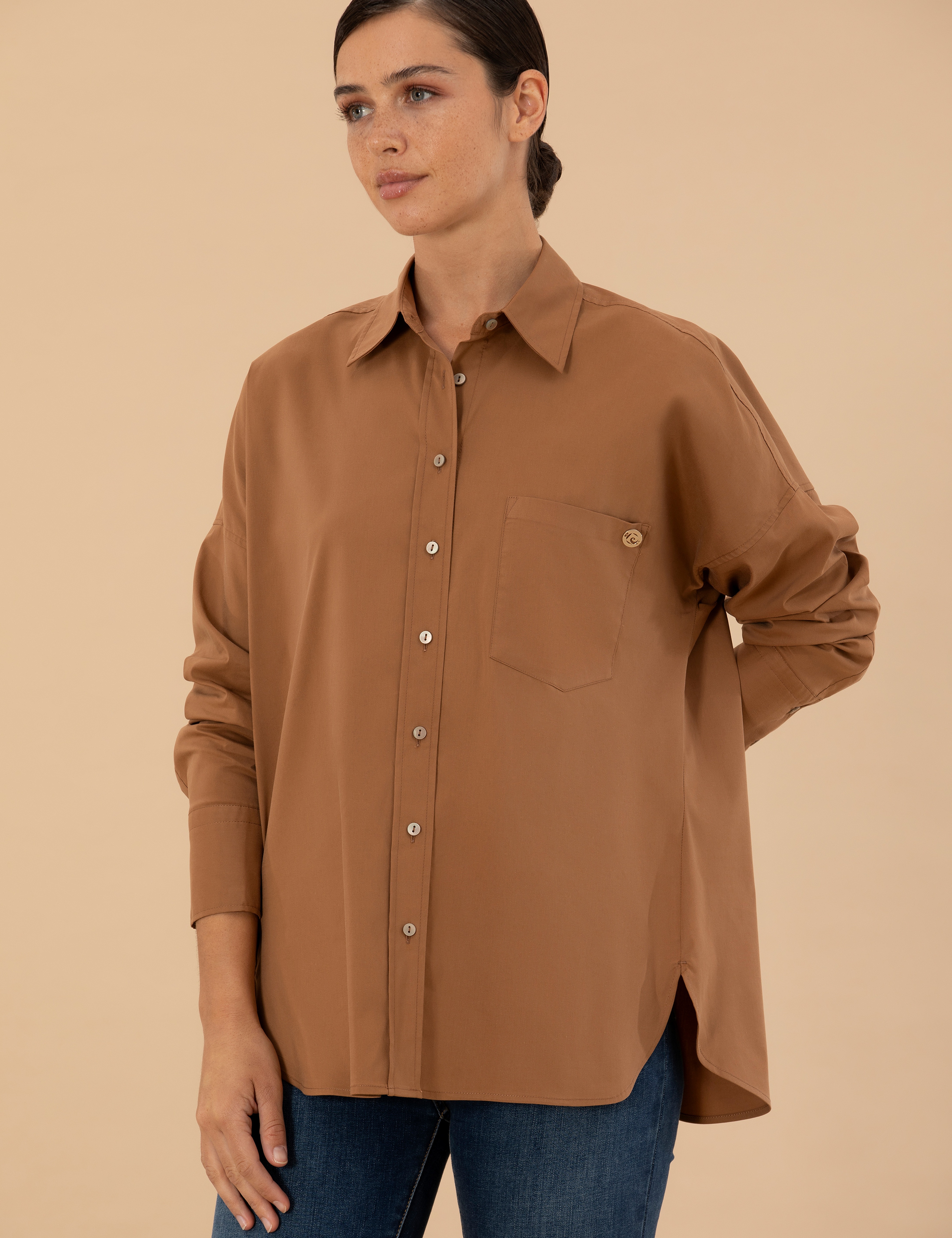 Camel Oversize Uzun Kollu Gömlek