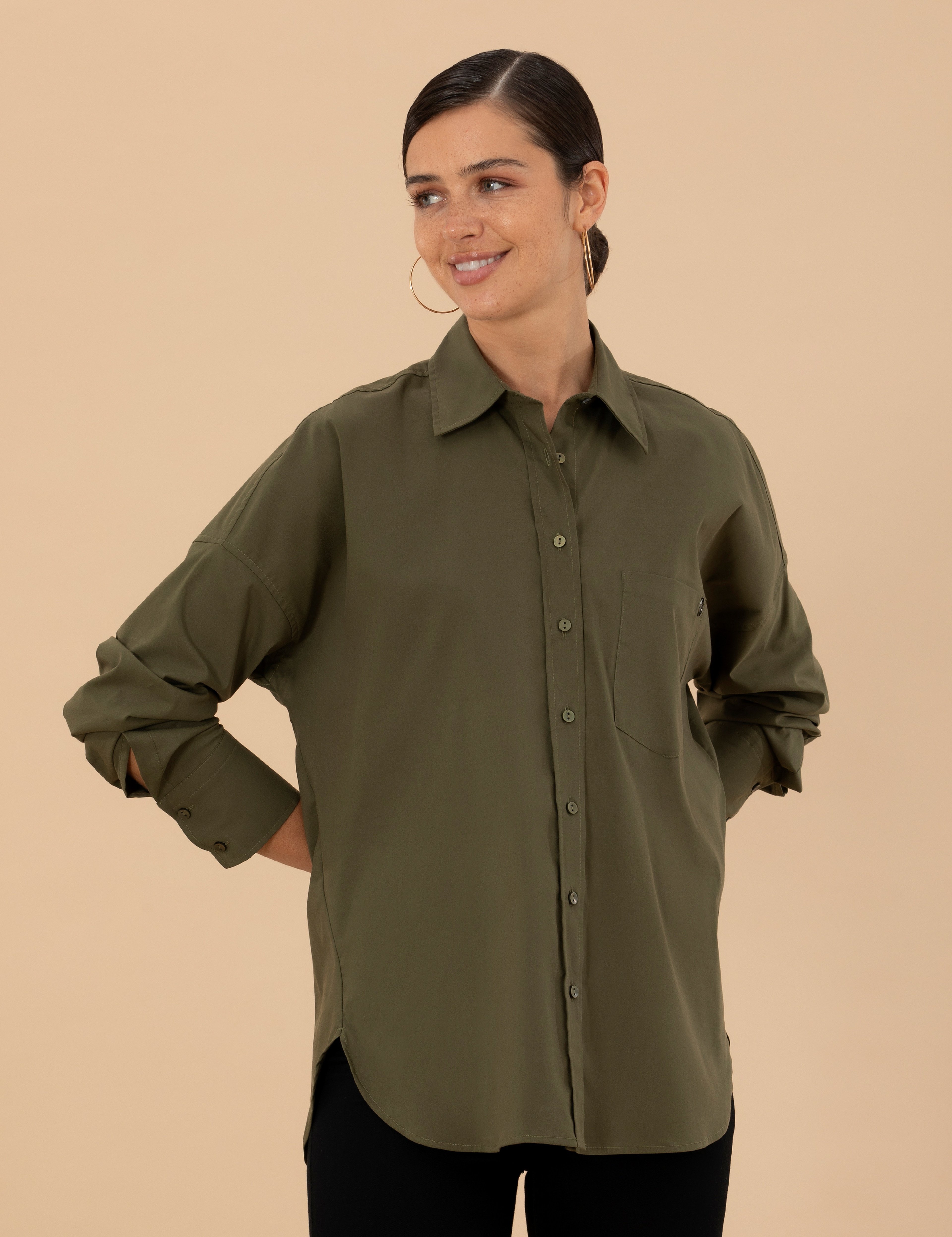 Kahverengi Oversize Uzun Kollu Gömlek - Image 3