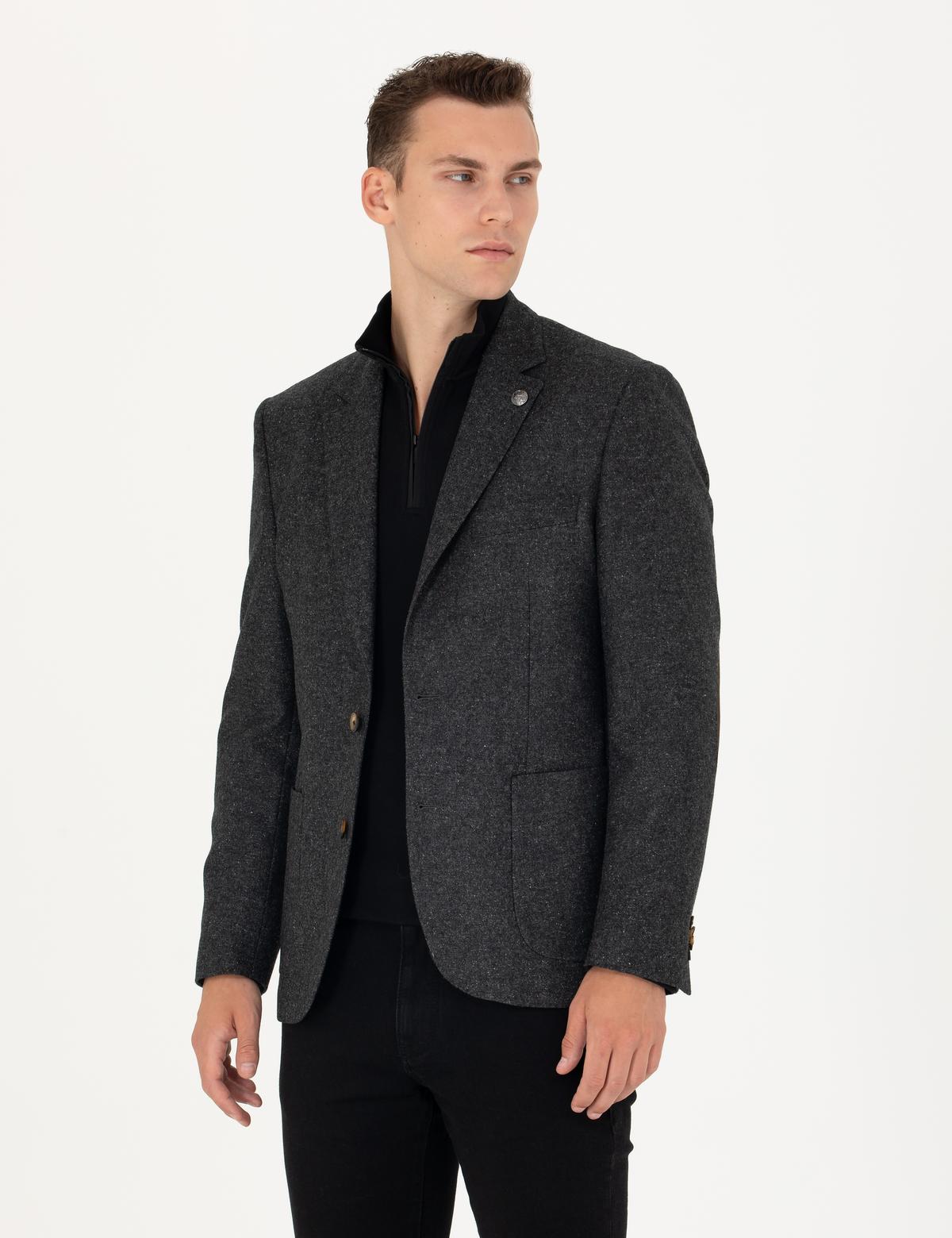 Antrasit Slim Fit Yün Karışımlı Ceket
