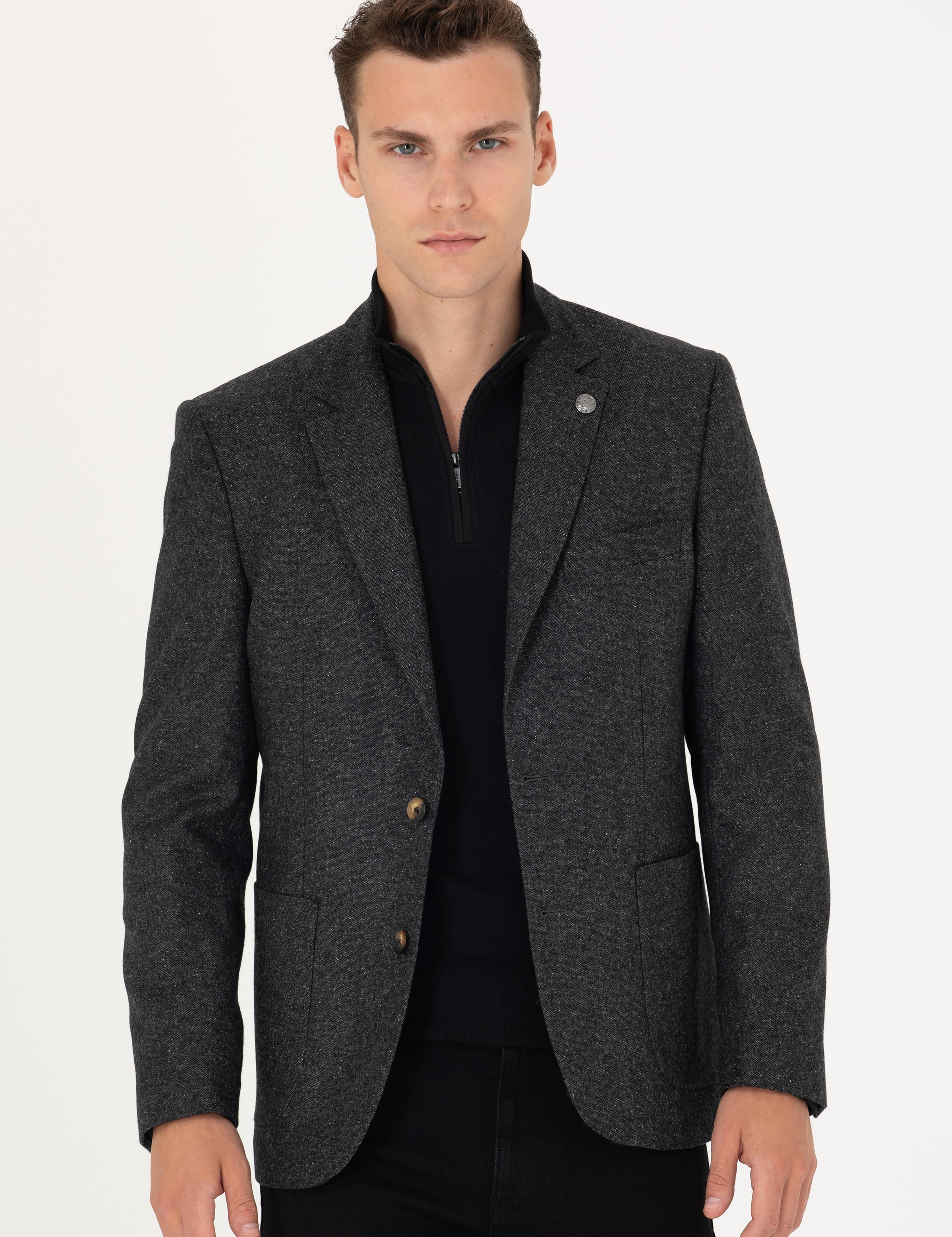 Antrasit Slim Fit Yün Karışımlı Ceket