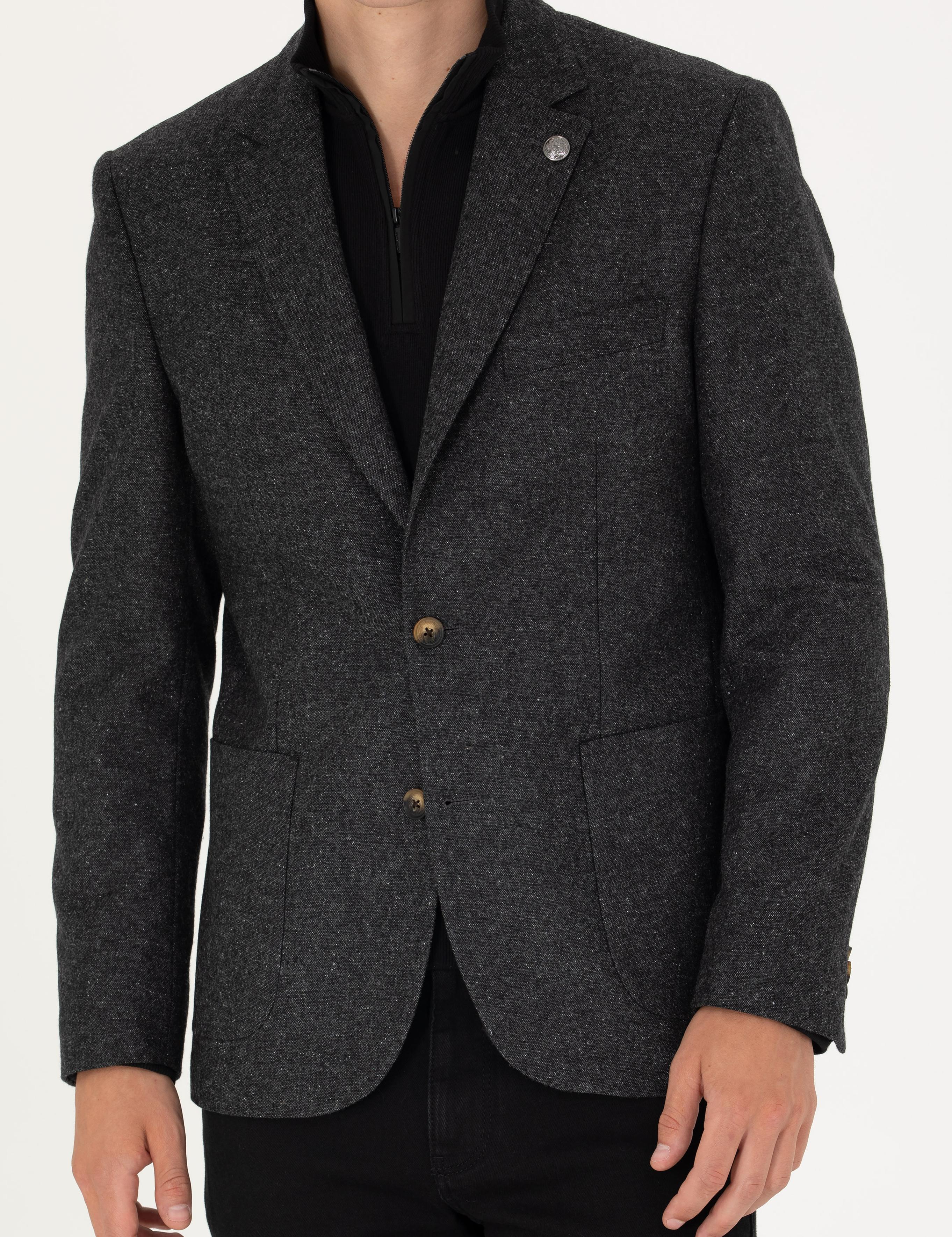 Antrasit Slim Fit Yün Karışımlı Ceket