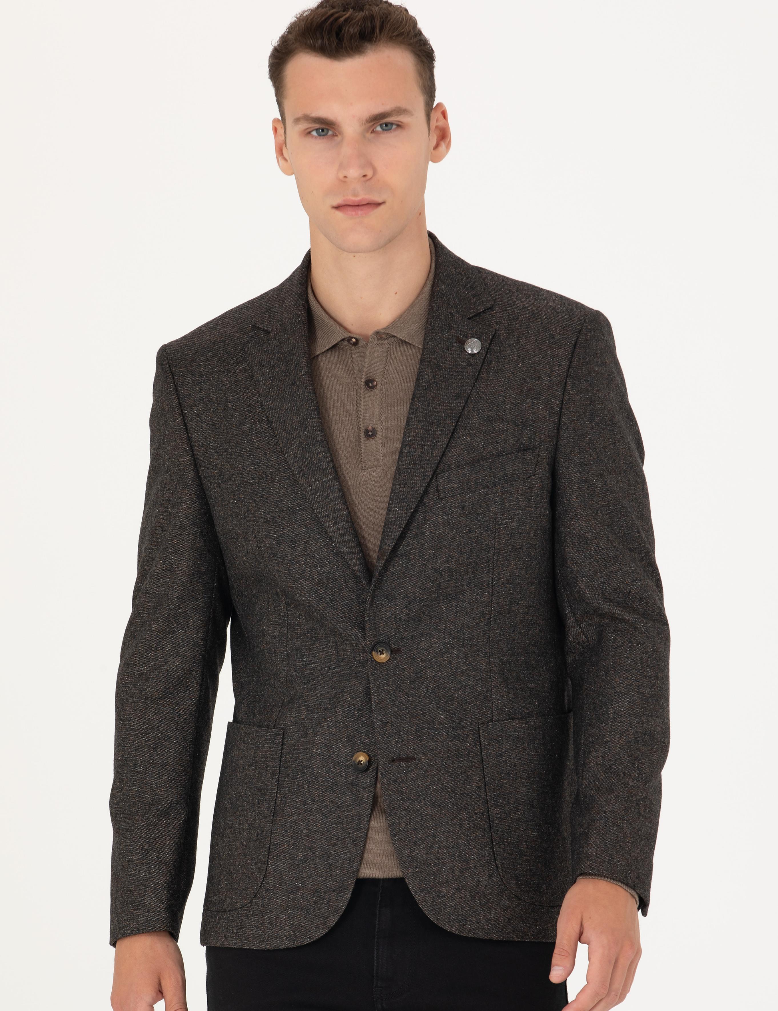Kahverengi Slim Fit Yün Karışımlı Ceket