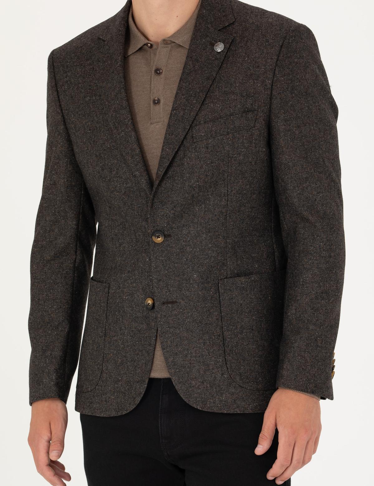 Kahverengi Slim Fit Yün Karışımlı Ceket - 50272754041