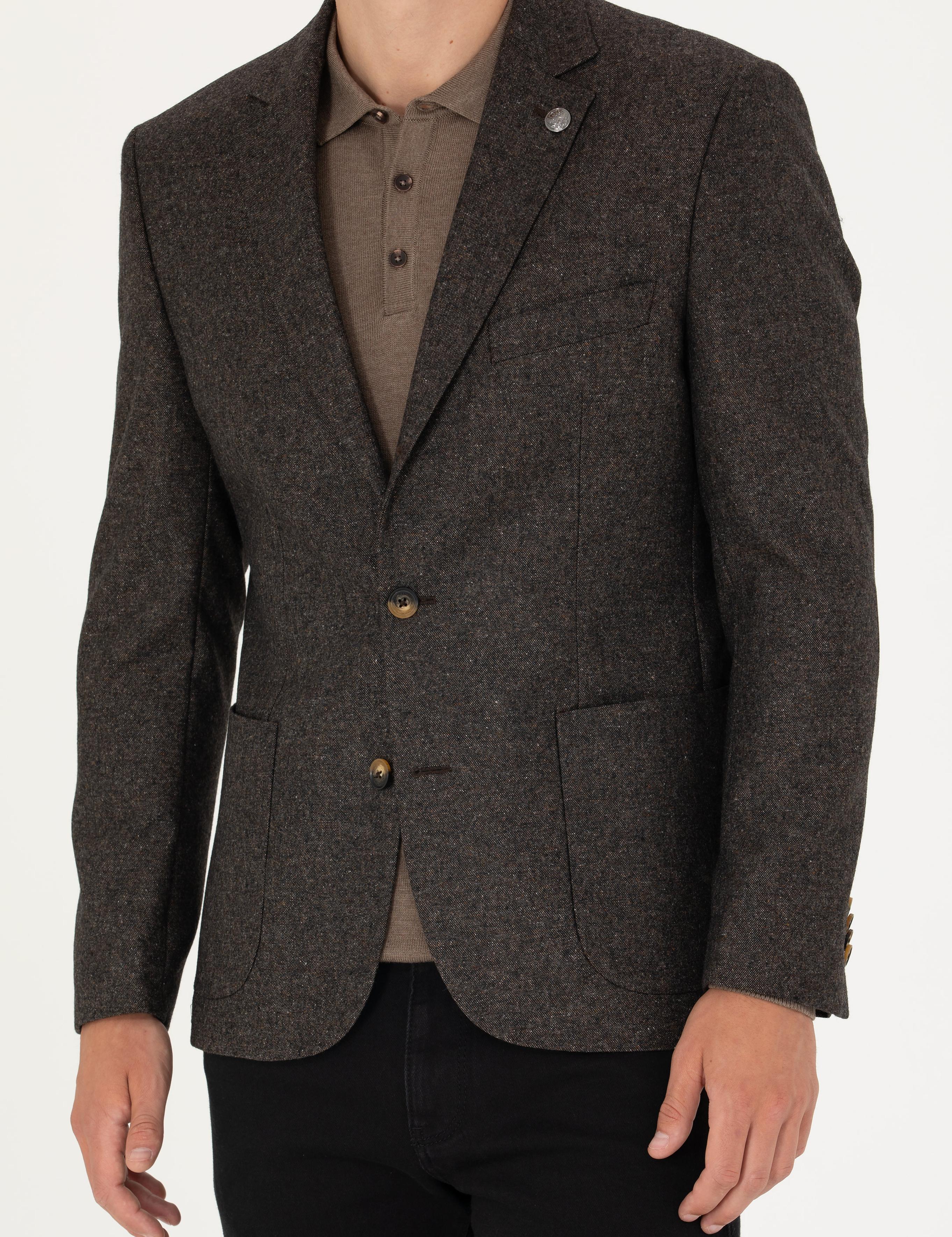 Kahverengi Slim Fit Yün Karışımlı Ceket