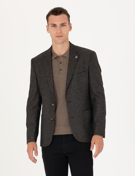 Kahverengi Slim Fit Yün Karışımlı Ceket - 50272754041
