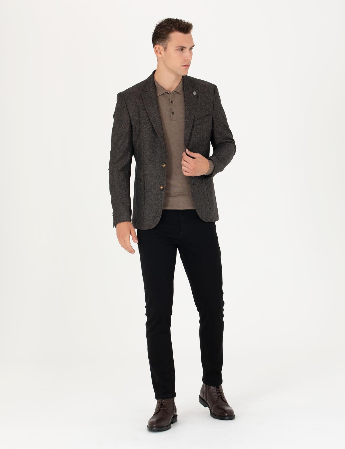 Kahverengi Slim Fit Yün Karışımlı Ceket - 50272754041