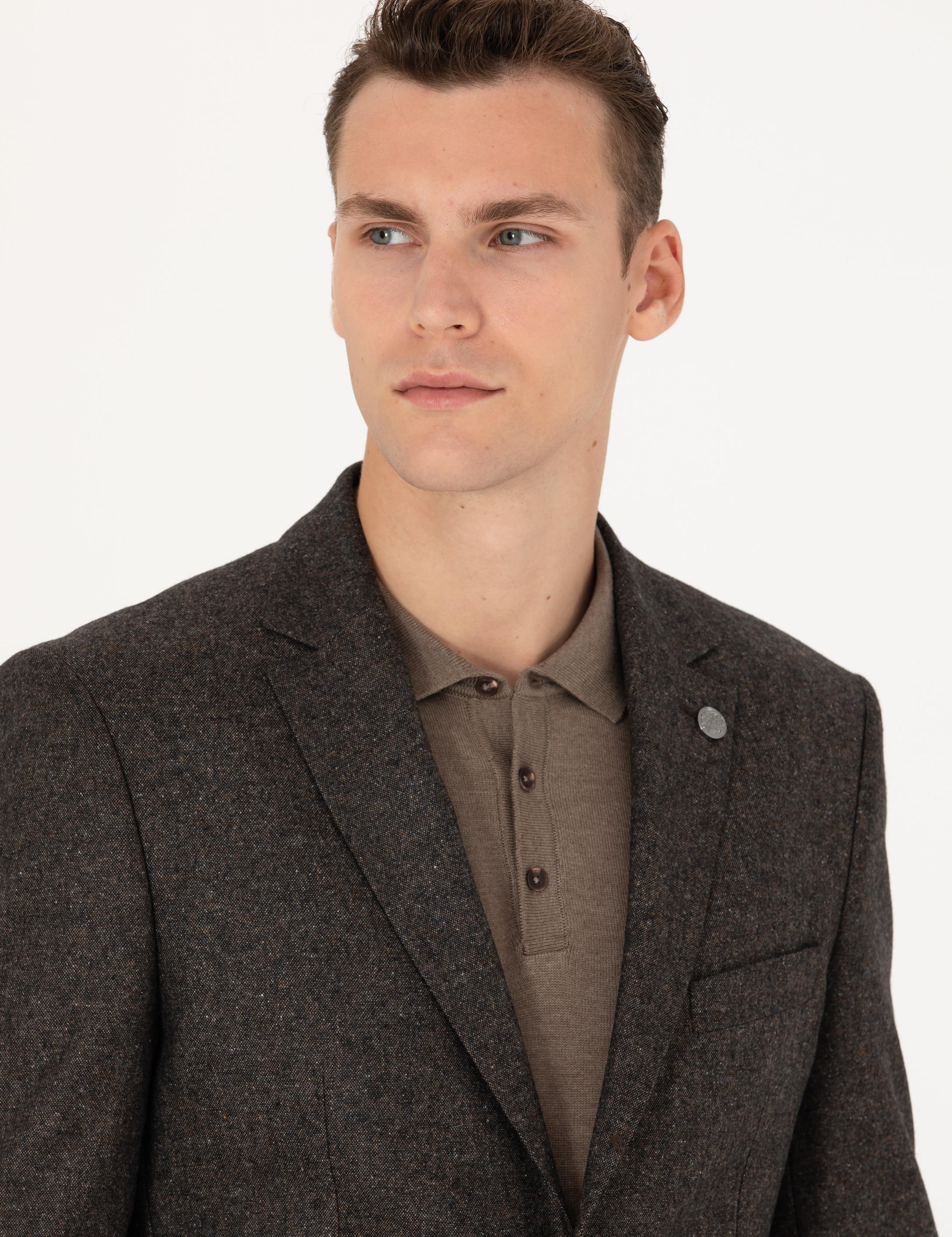 Kahverengi Slim Fit Yün Karışımlı Ceket