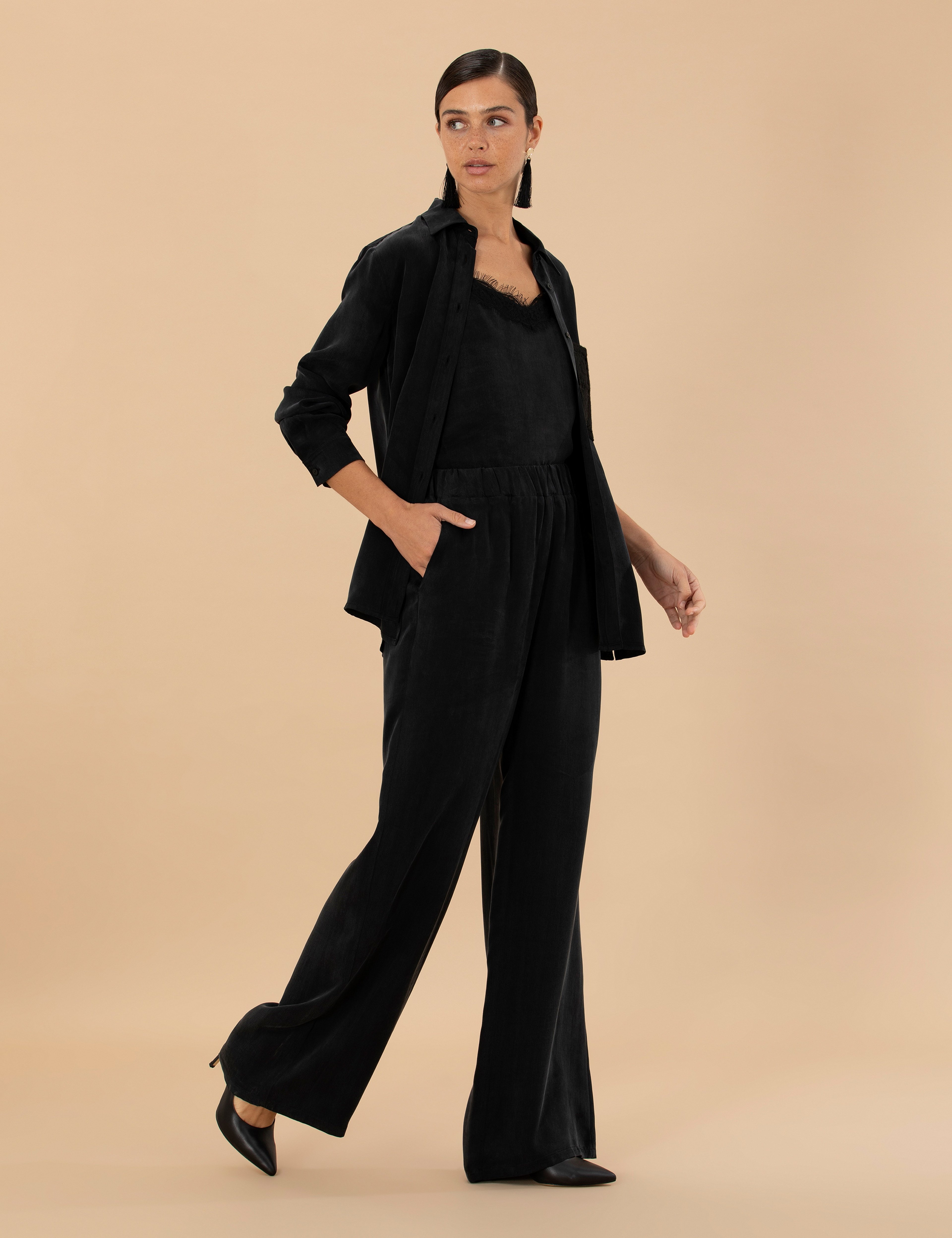 Siyah Kupro Kumaş Loose Fit Pantolon