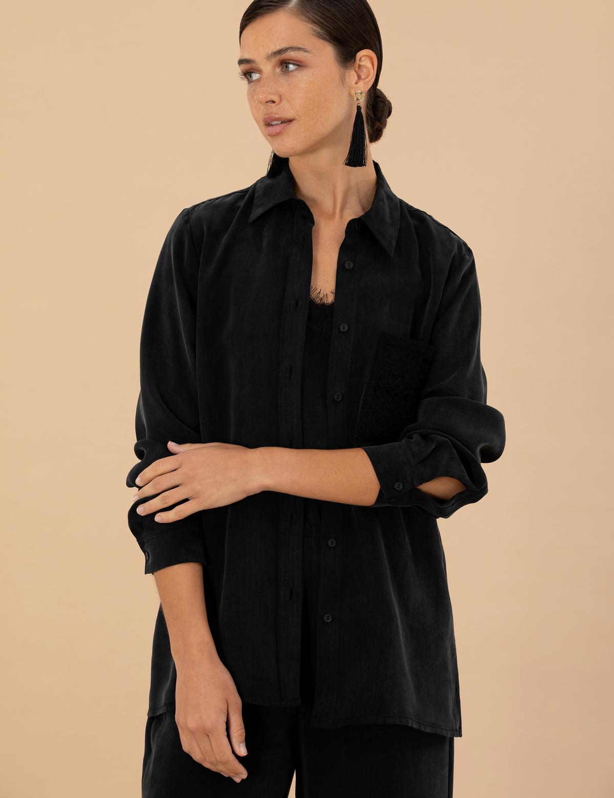 Siyah Cupro Regular Fit  Uzun Kollu Gömlek