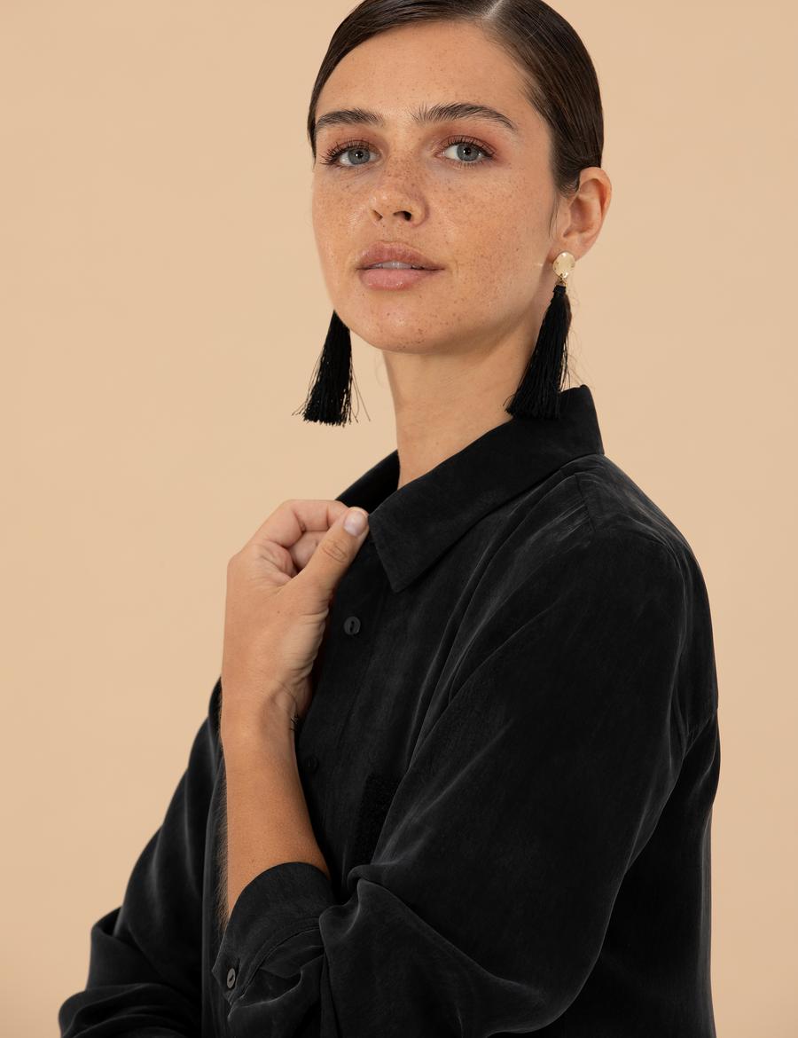 Siyah Cupro Regular Fit  Uzun Kollu Gömlek