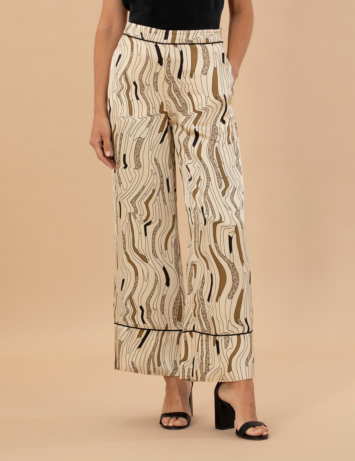 Krem Desenli Saten Pantolon - 50275628028