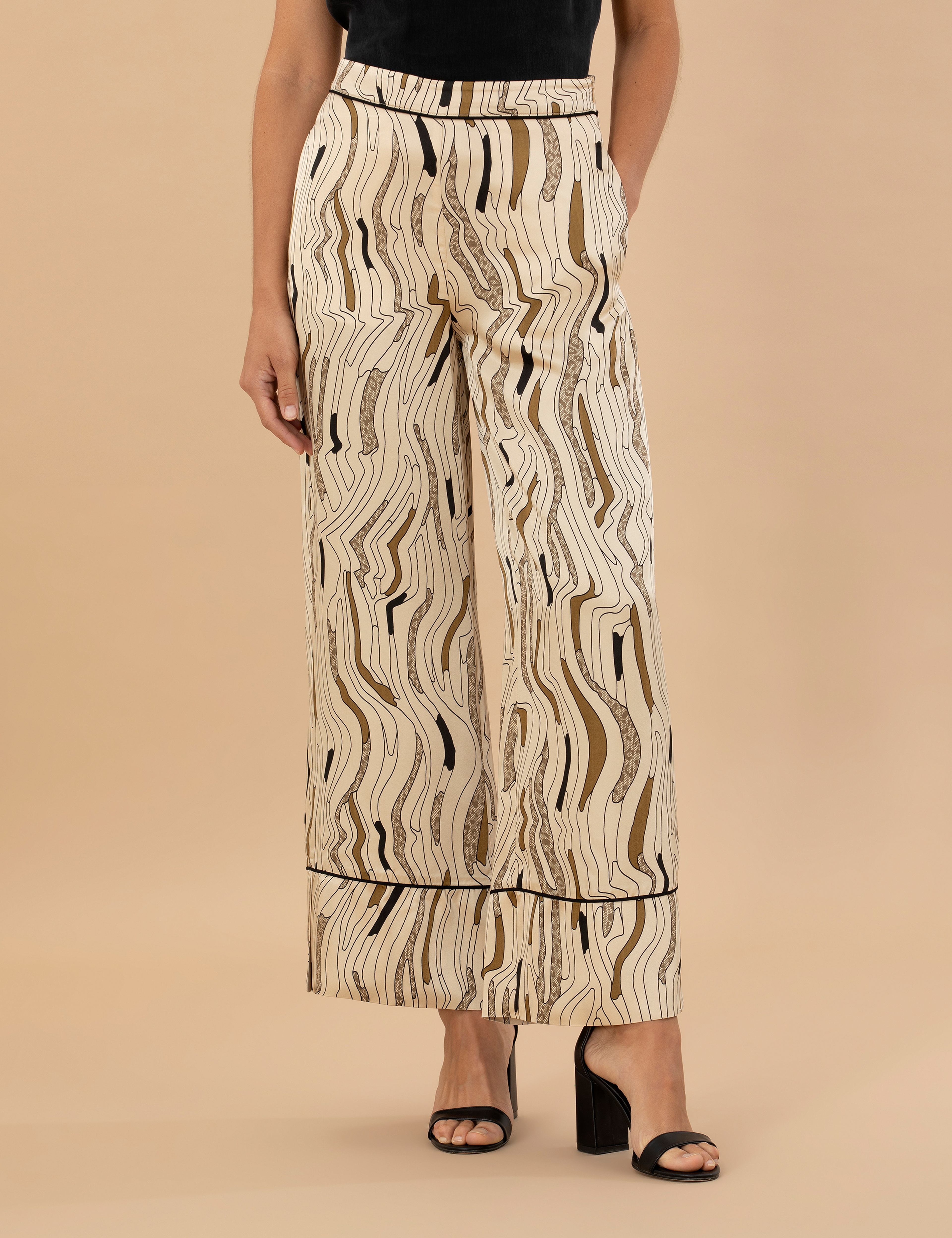 Krem Desenli Saten Pantolon - Image 2