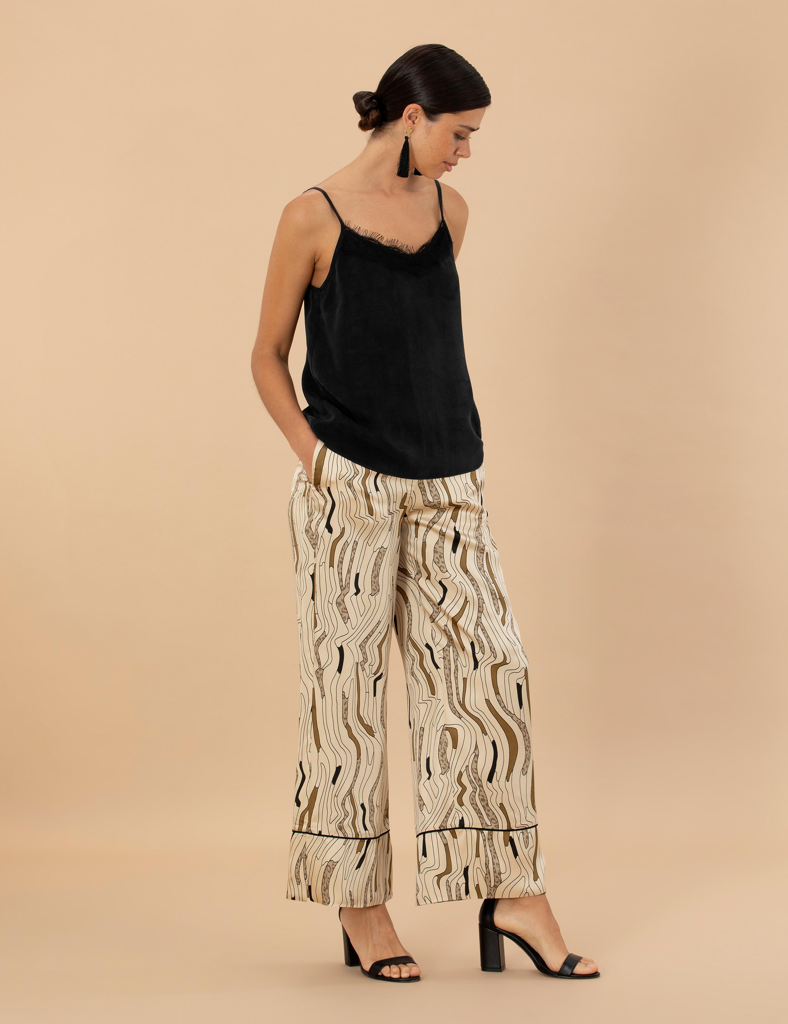 Krem Desenli Saten Pantolon