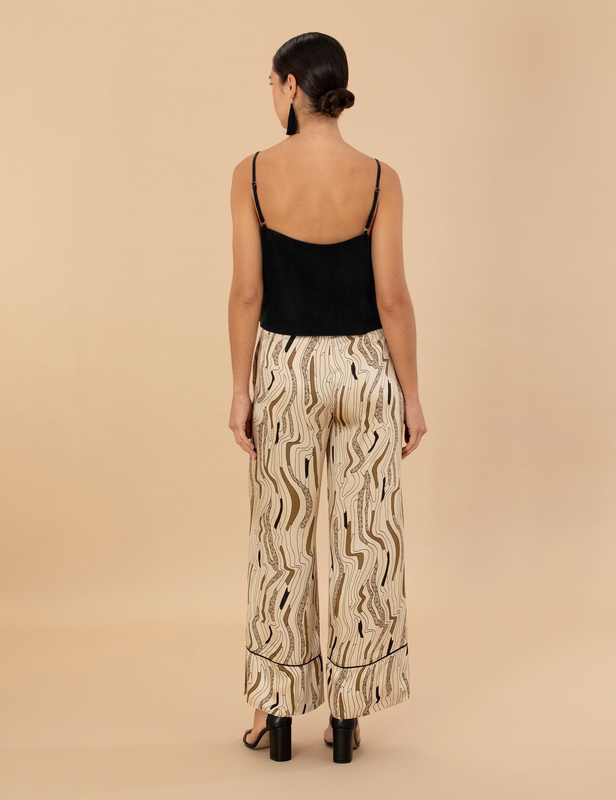 Krem Desenli Saten Pantolon - 50275628028