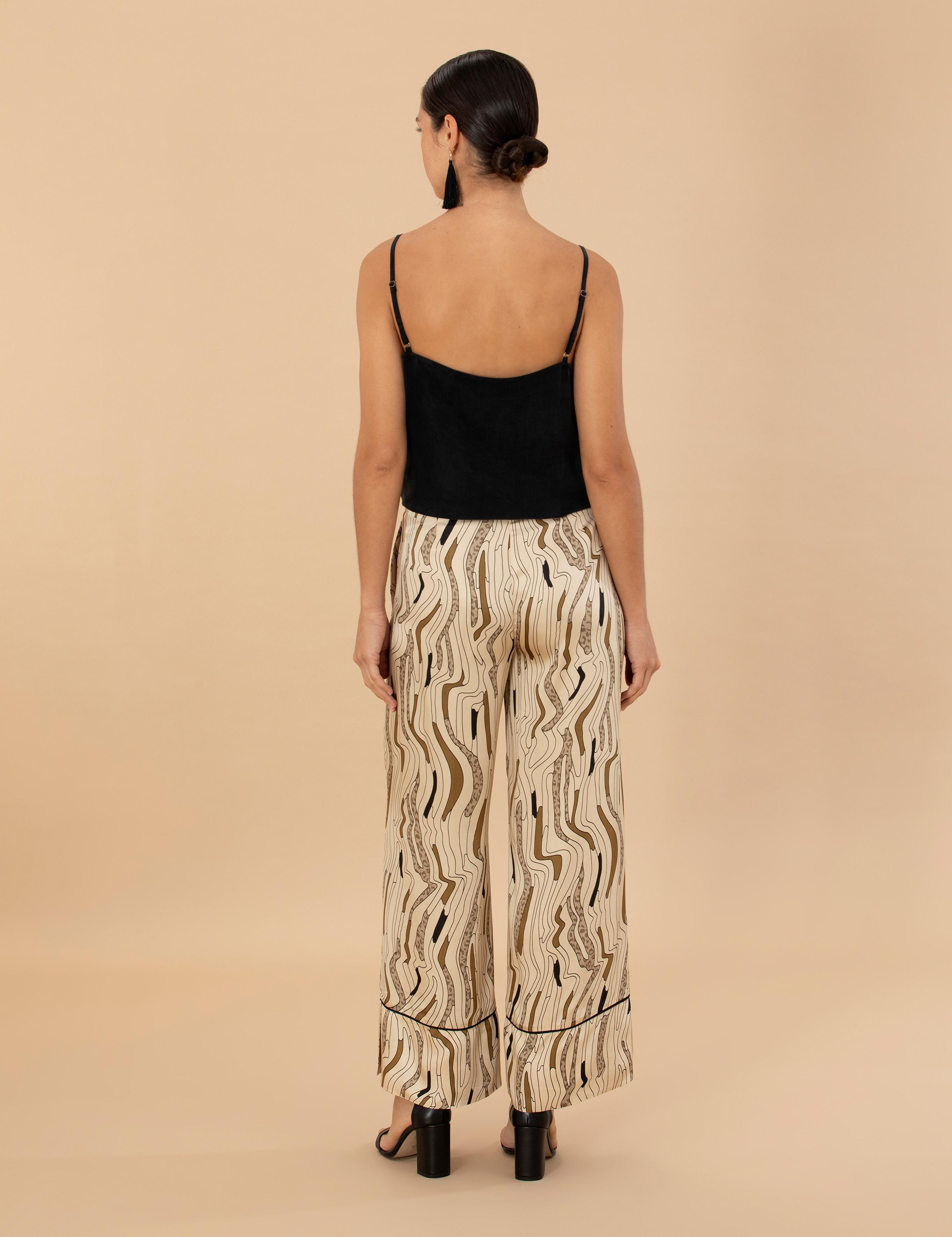 Krem Desenli Saten Pantolon