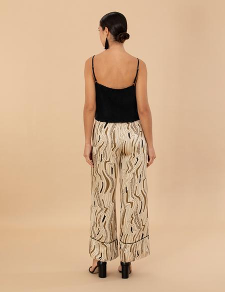 Krem Desenli Saten Pantolon - 50275628028