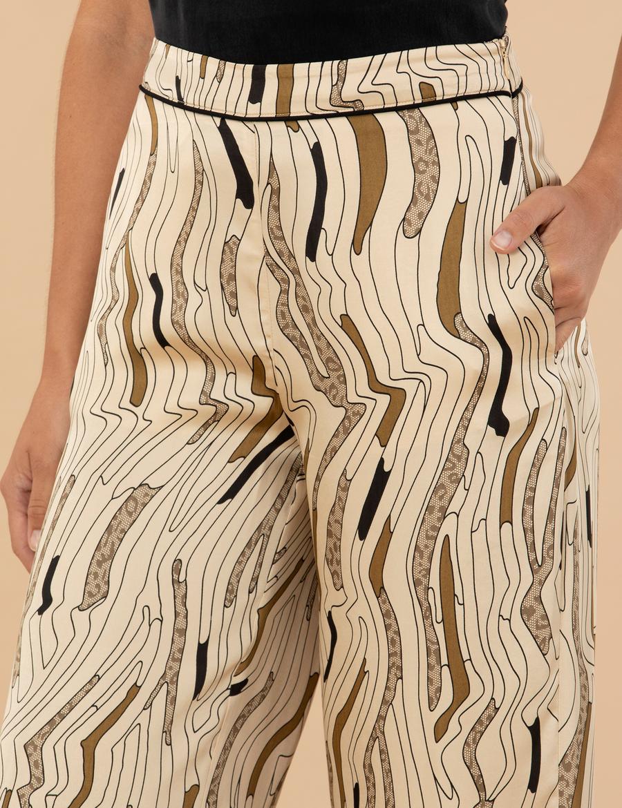 Krem Desenli Saten Pantolon