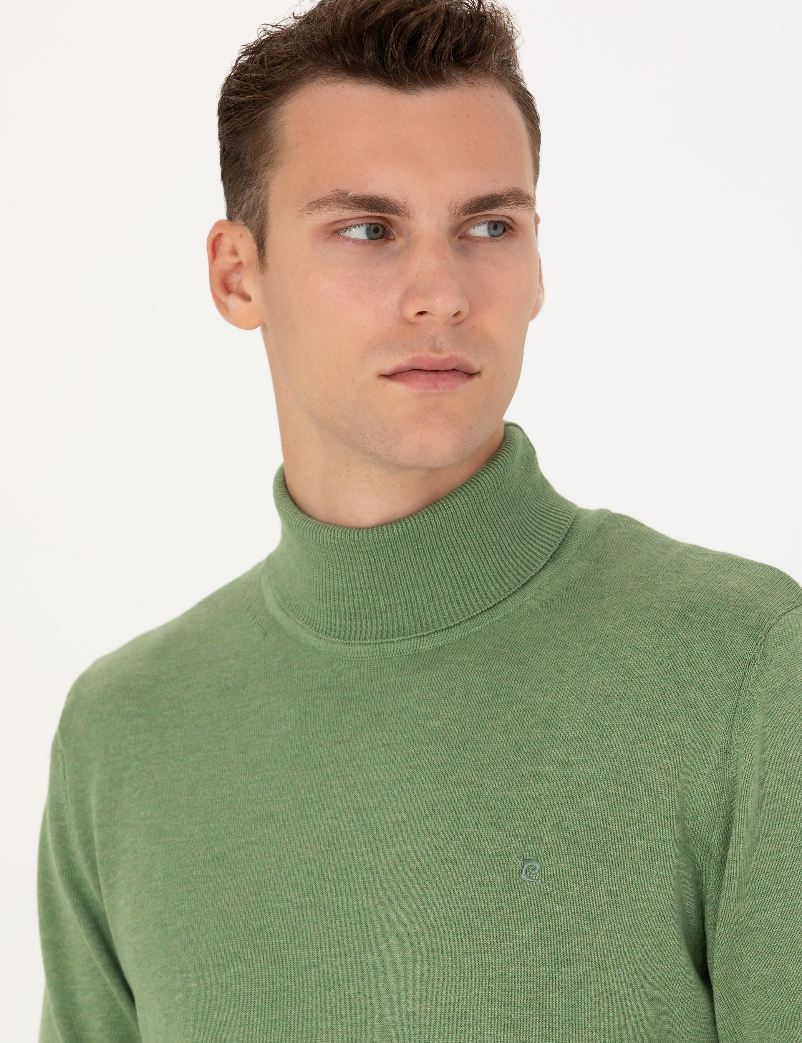 Koyu Yeşil Melanj Slim Fit Balıkçı Yaka Basic Triko Kazak