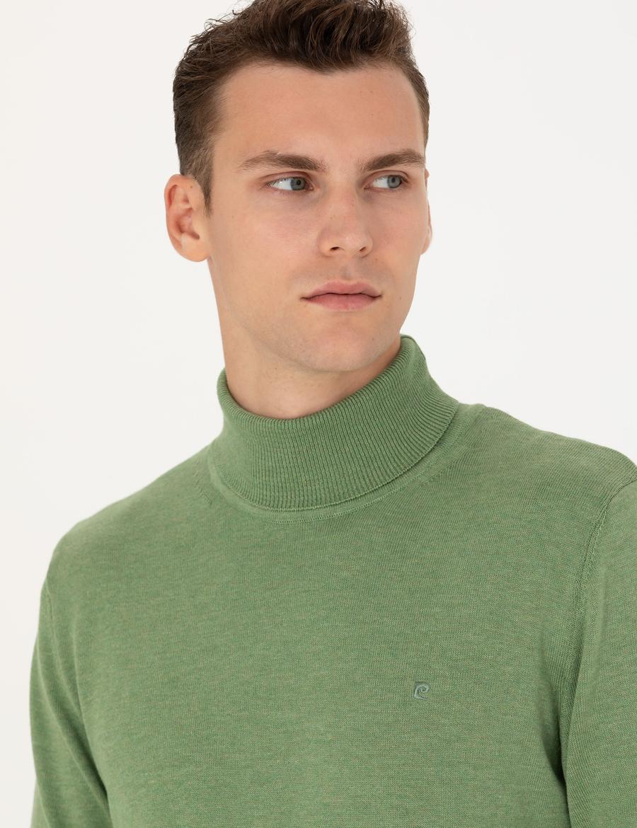 Koyu Yeşil Melanj Slim Fit Balıkçı Yaka Basic Triko Kazak