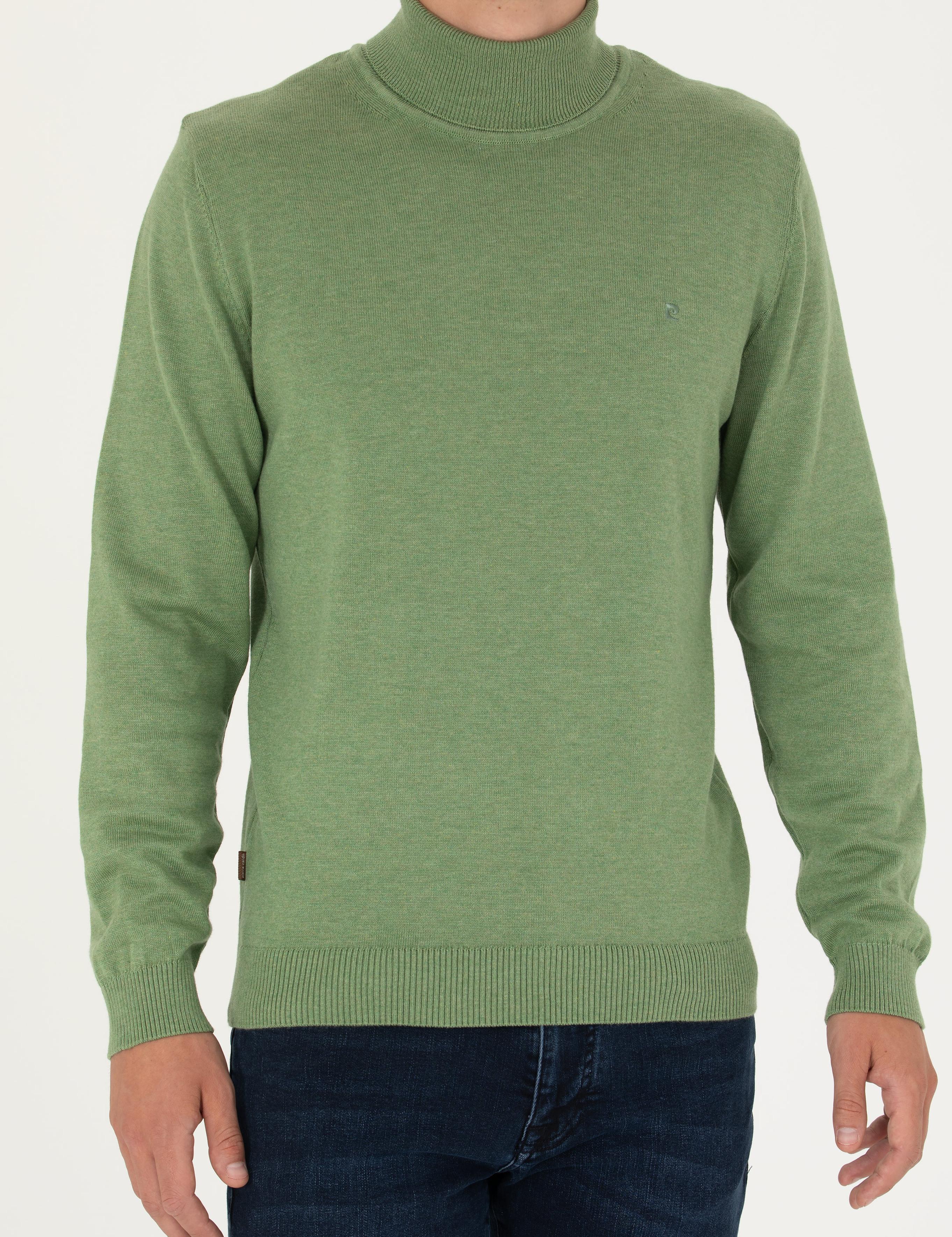 Koyu Yeşil Melanj Slim Fit Balıkçı Yaka Basic Triko Kazak