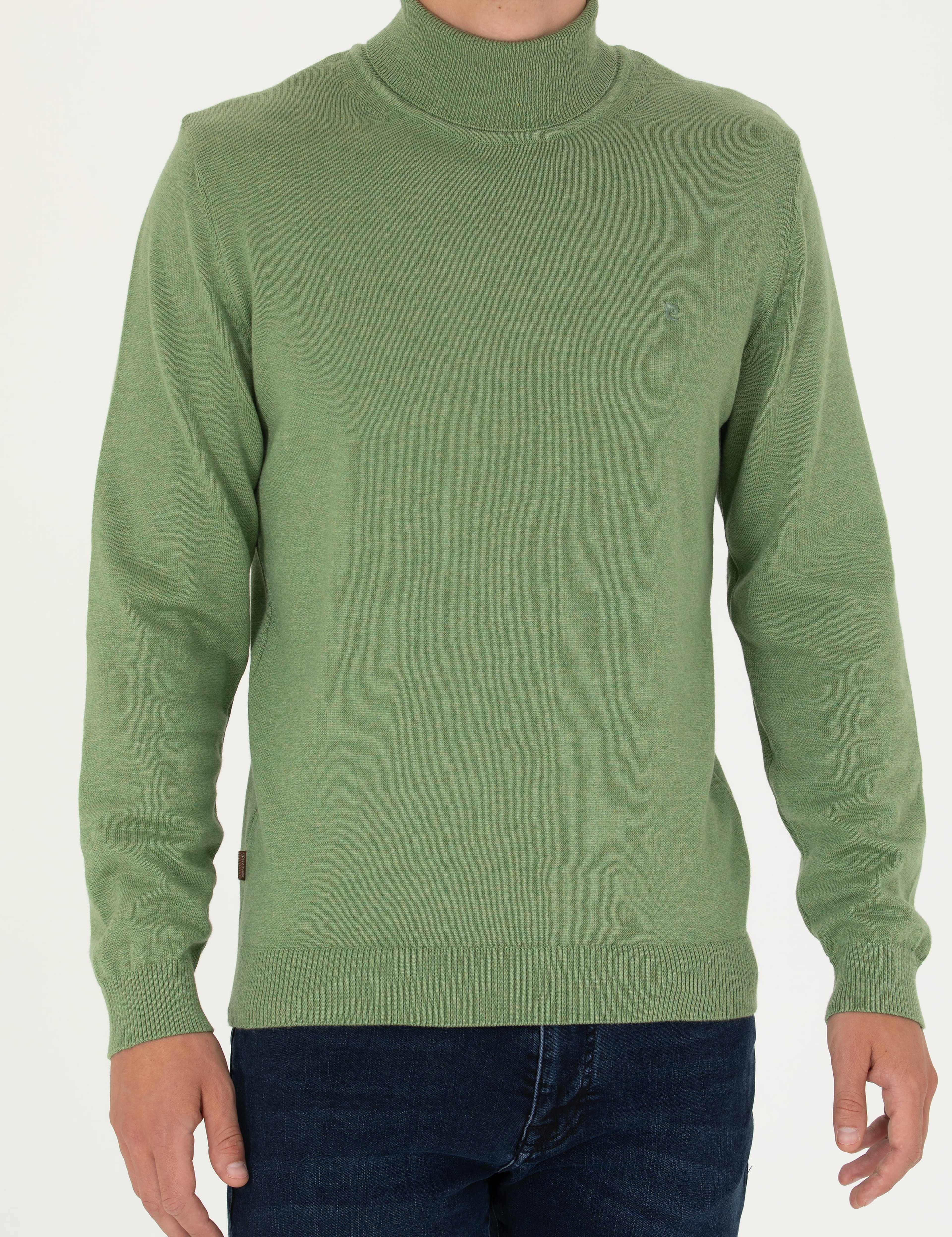 Koyu Yeşil Melanj Slim Fit Balıkçı Yaka Basic Triko Kazak