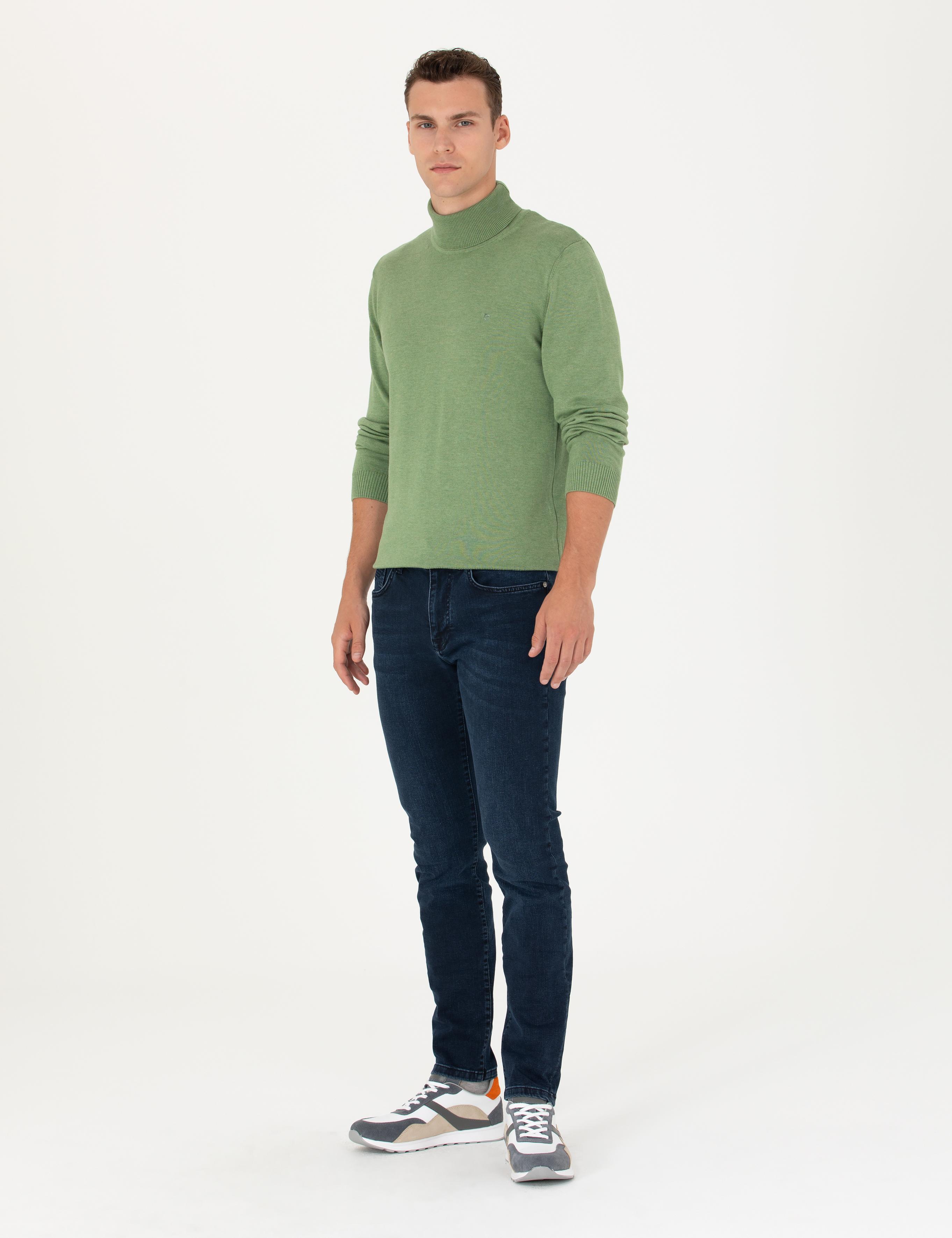 Koyu Yeşil Melanj Slim Fit Balıkçı Yaka Basic Triko Kazak