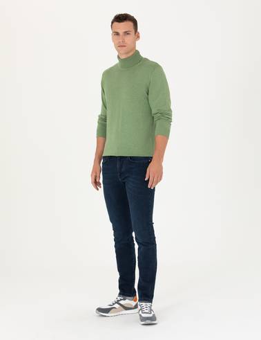 Koyu Yeşil Melanj Slim Fit Balıkçı Yaka Basic Triko Kazak