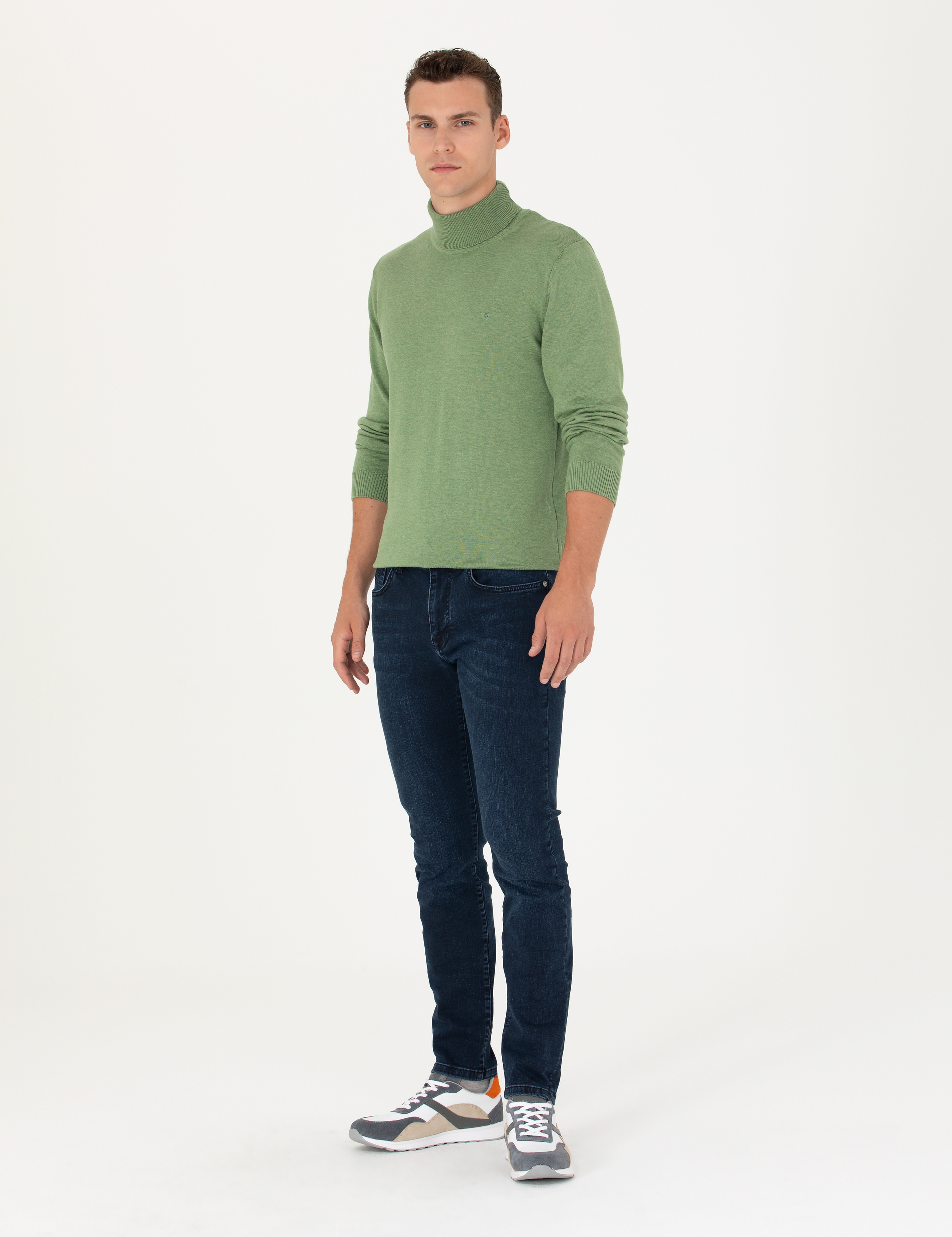 Koyu Yeşil Melanj Slim Fit Balıkçı Yaka Basic Triko Kazak - Image 4