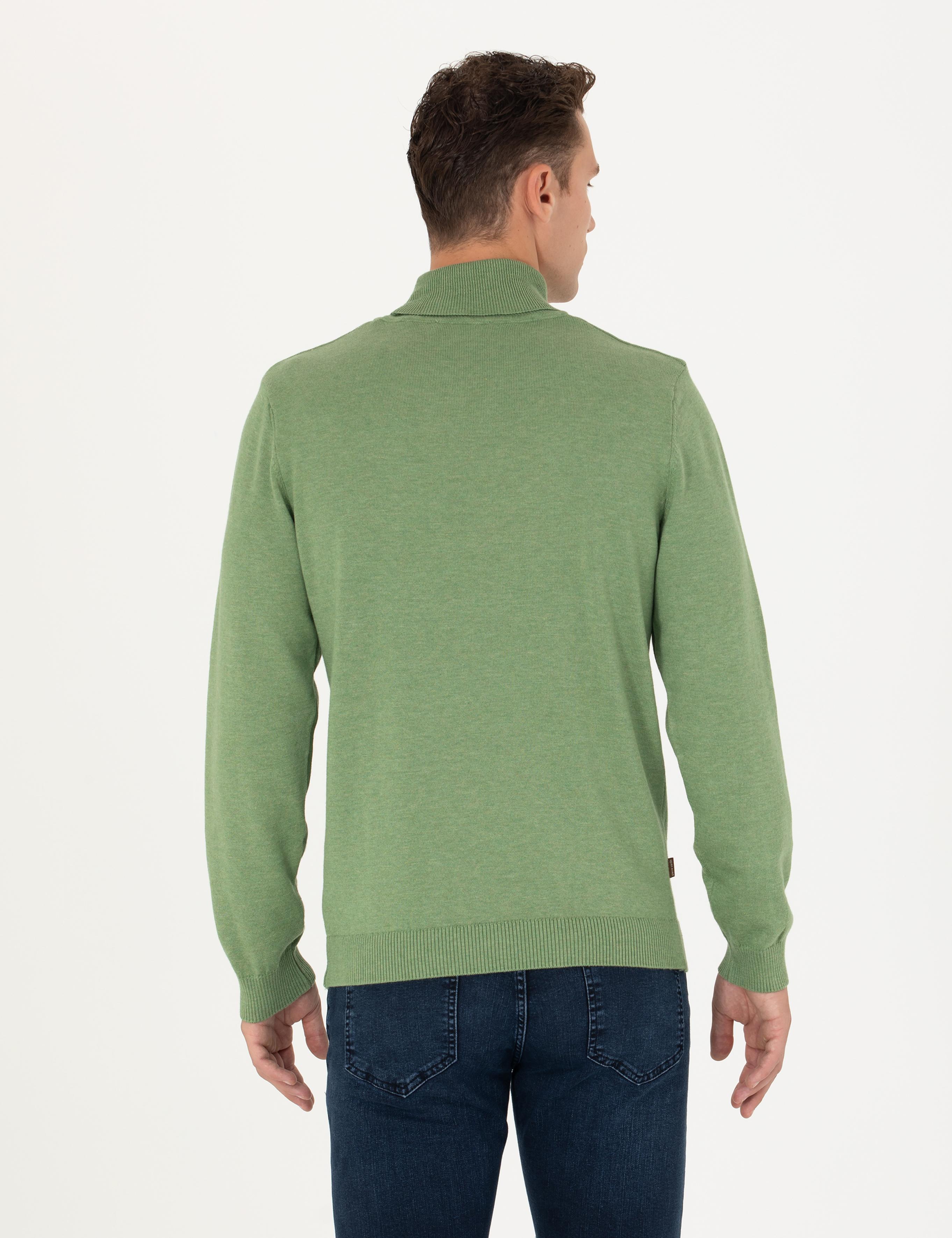 Koyu Yeşil Melanj Slim Fit Balıkçı Yaka Basic Triko Kazak