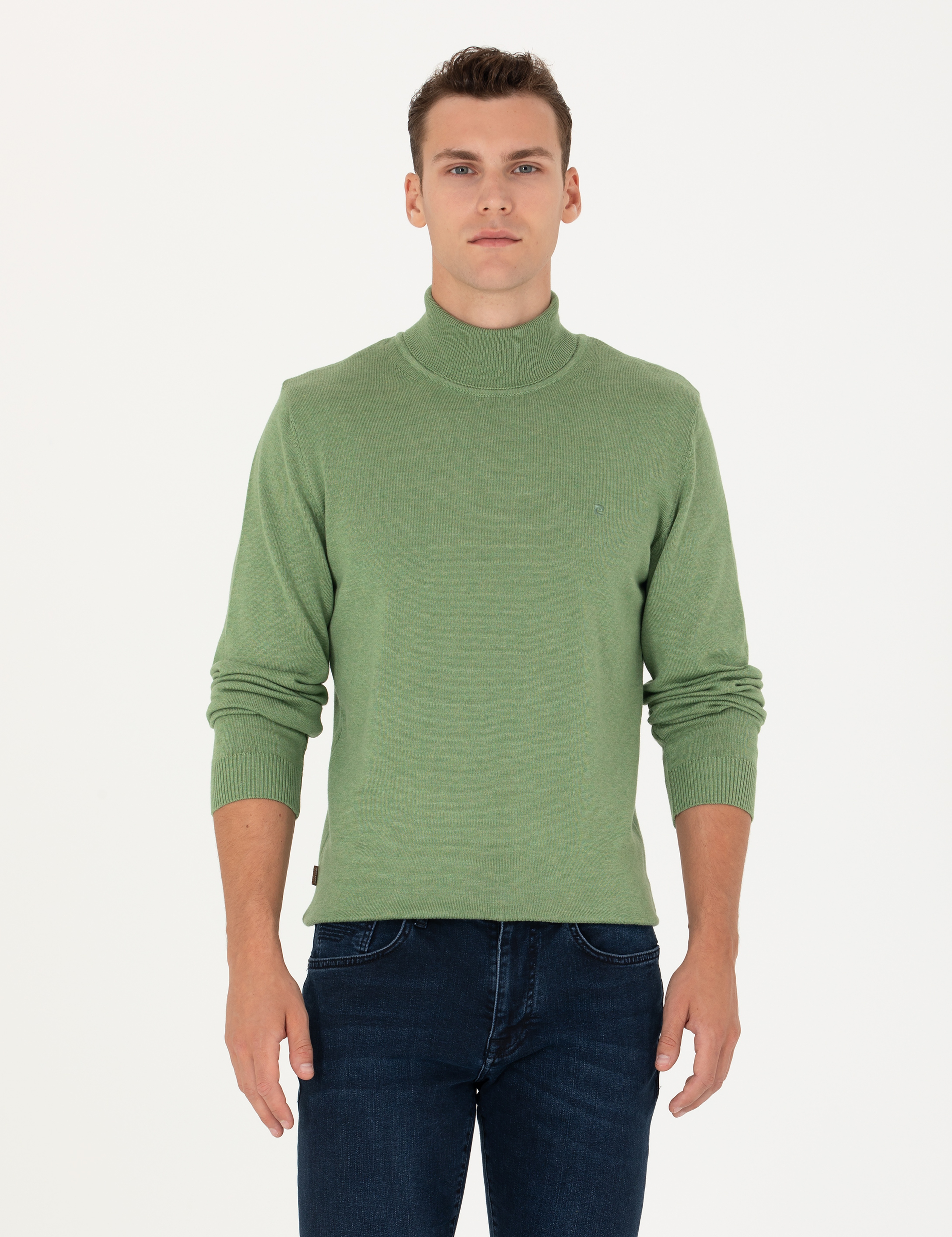 Koyu Yeşil Melanj Slim Fit Balıkçı Yaka Basic Triko Kazak - Image 3
