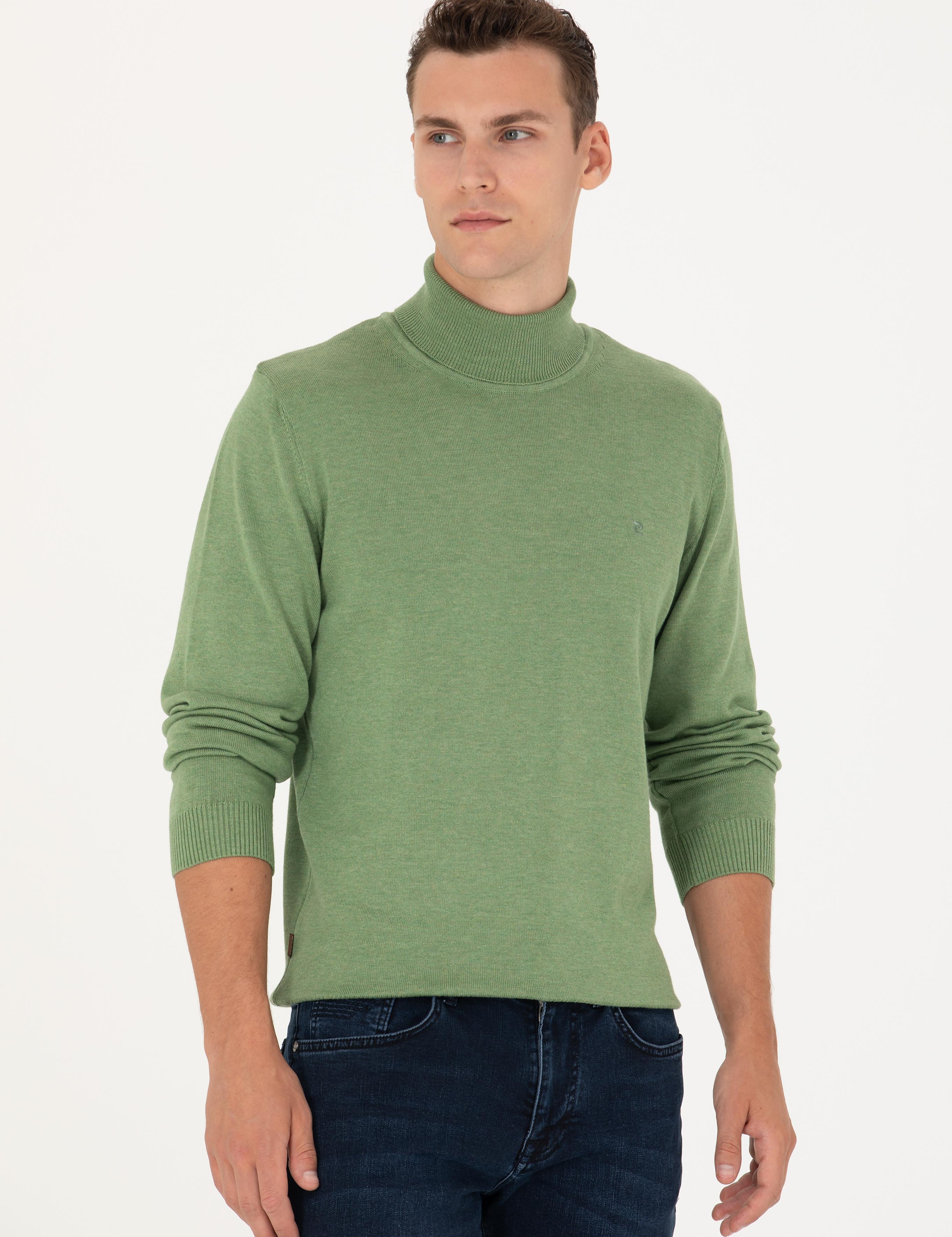 Koyu Yeşil Melanj Slim Fit Balıkçı Yaka Basic Triko Kazak