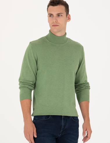 Koyu Yeşil Melanj Slim Fit Balıkçı Yaka Basic Triko Kazak