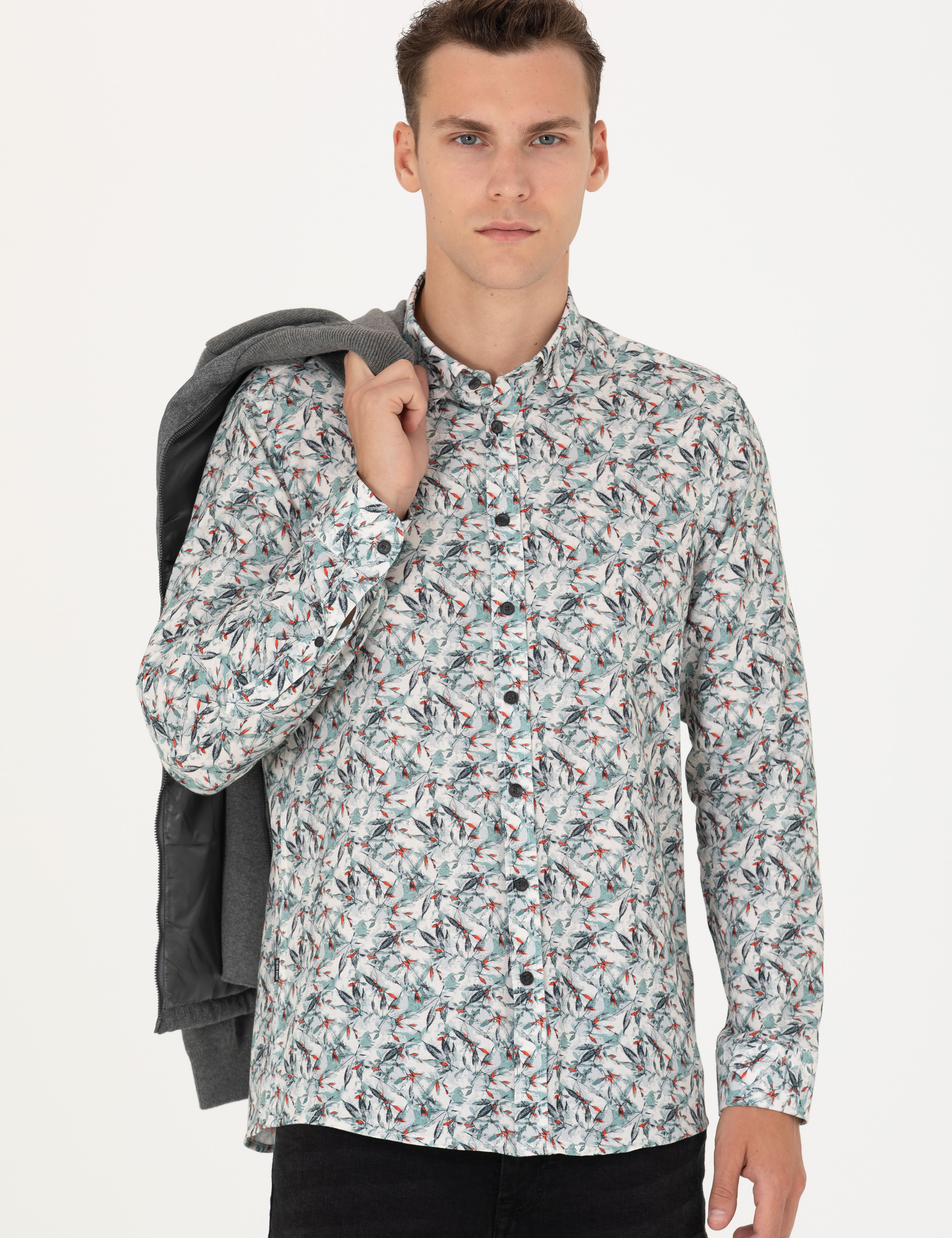 Mint Slim Fit Uzun Kollu Gömlek - Image 3