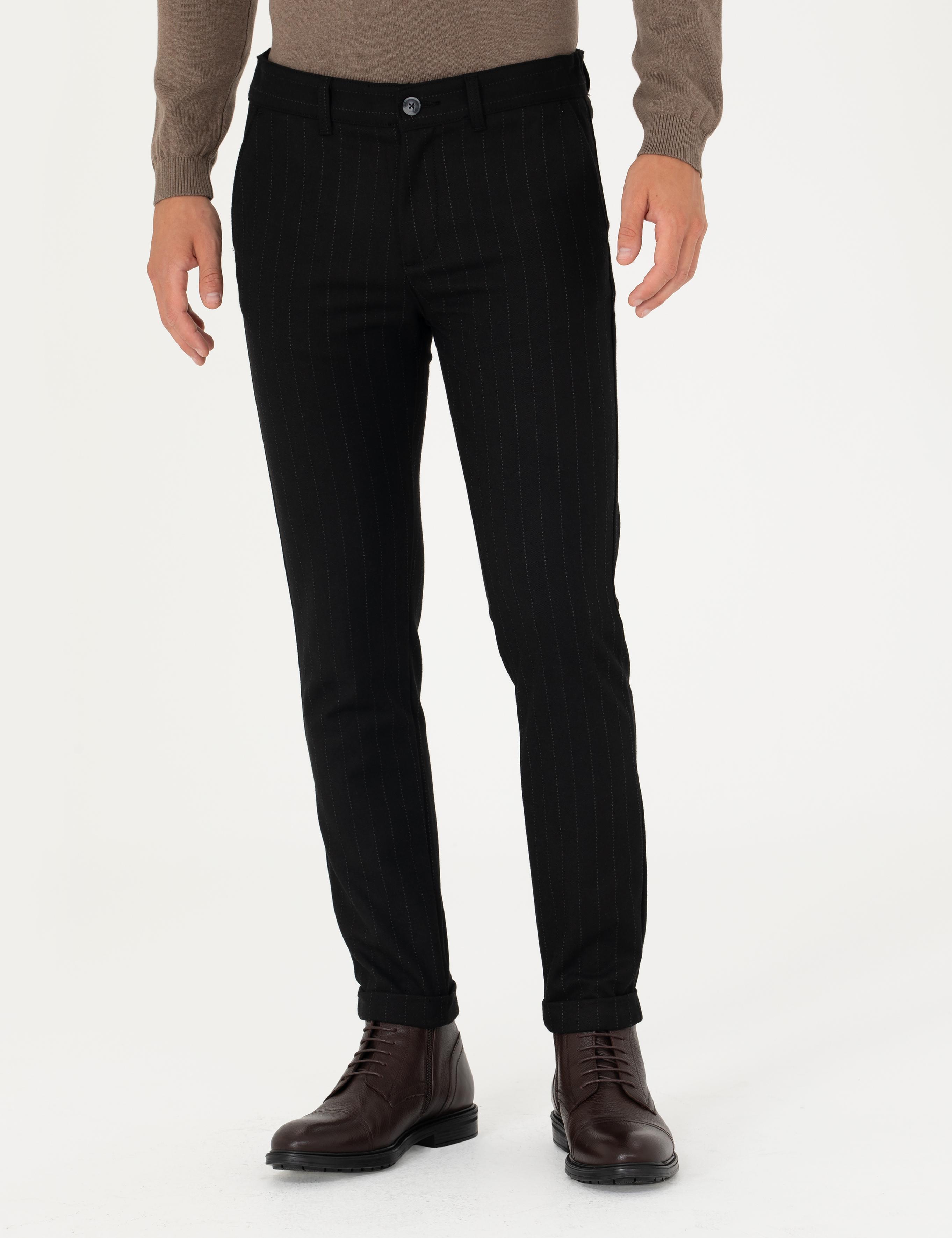 Siyah Slim Fit Çizgili Kanvas Pantolon