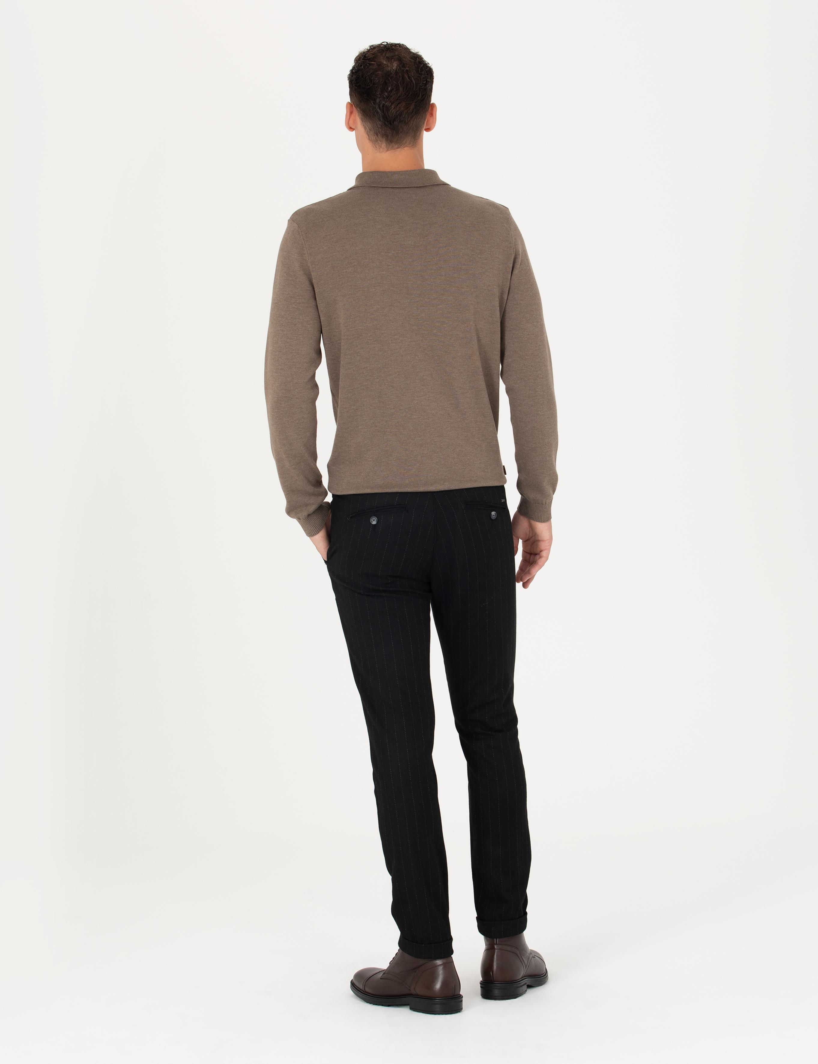 Siyah Slim Fit Çizgili Kanvas Pantolon