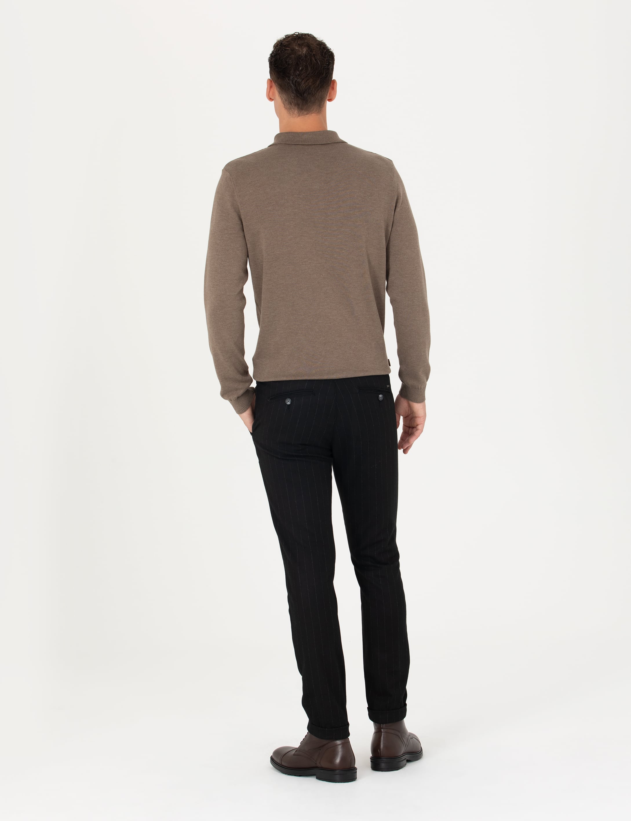 Siyah Slim Fit Çizgili Kanvas Pantolon - Image 4