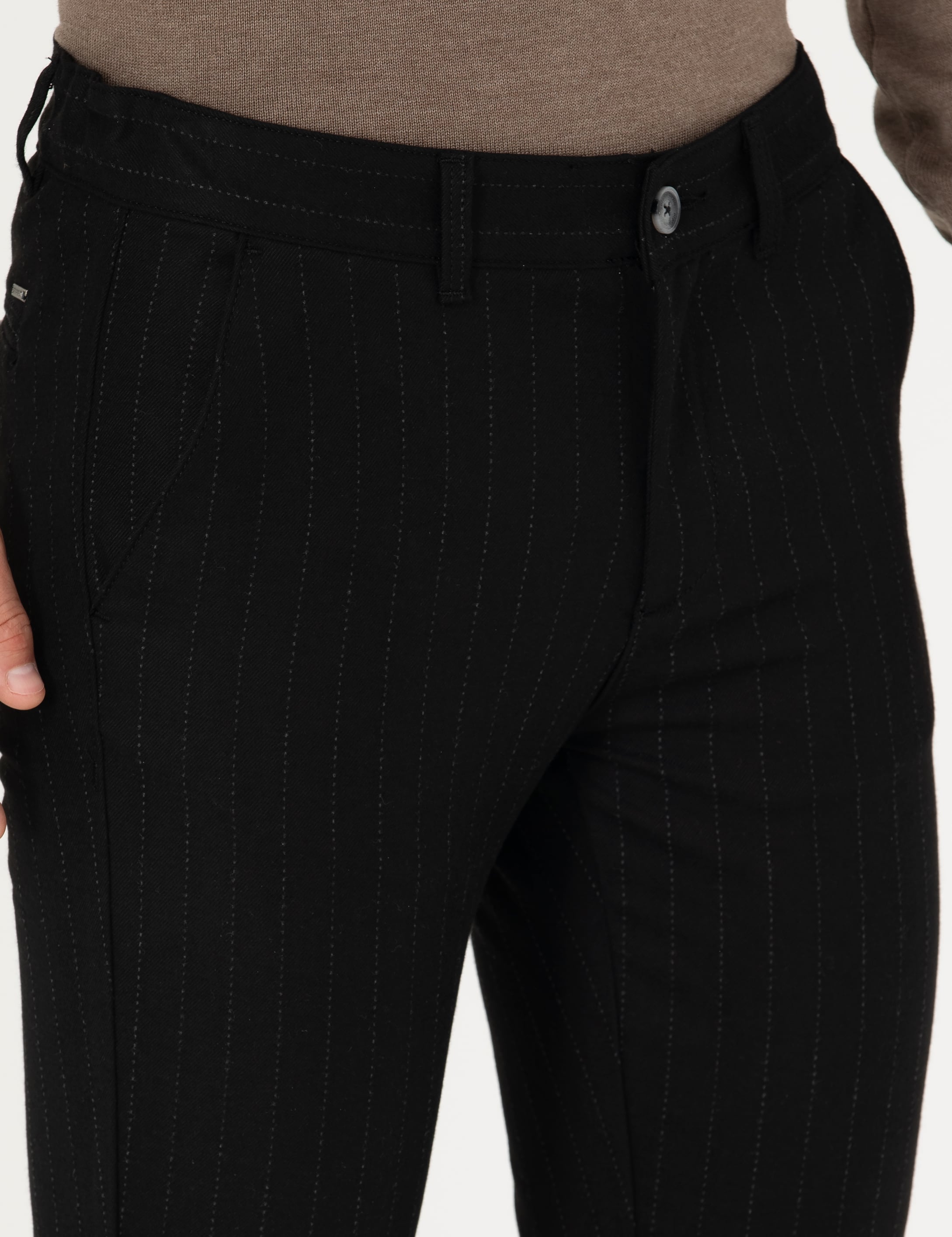 Siyah Slim Fit Çizgili Kanvas Pantolon - Image 5