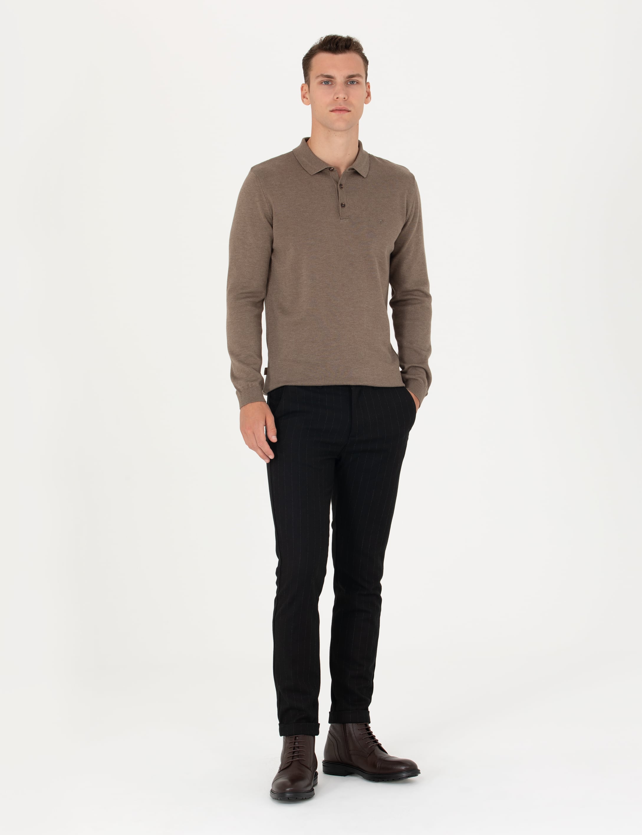 Siyah Slim Fit Çizgili Kanvas Pantolon