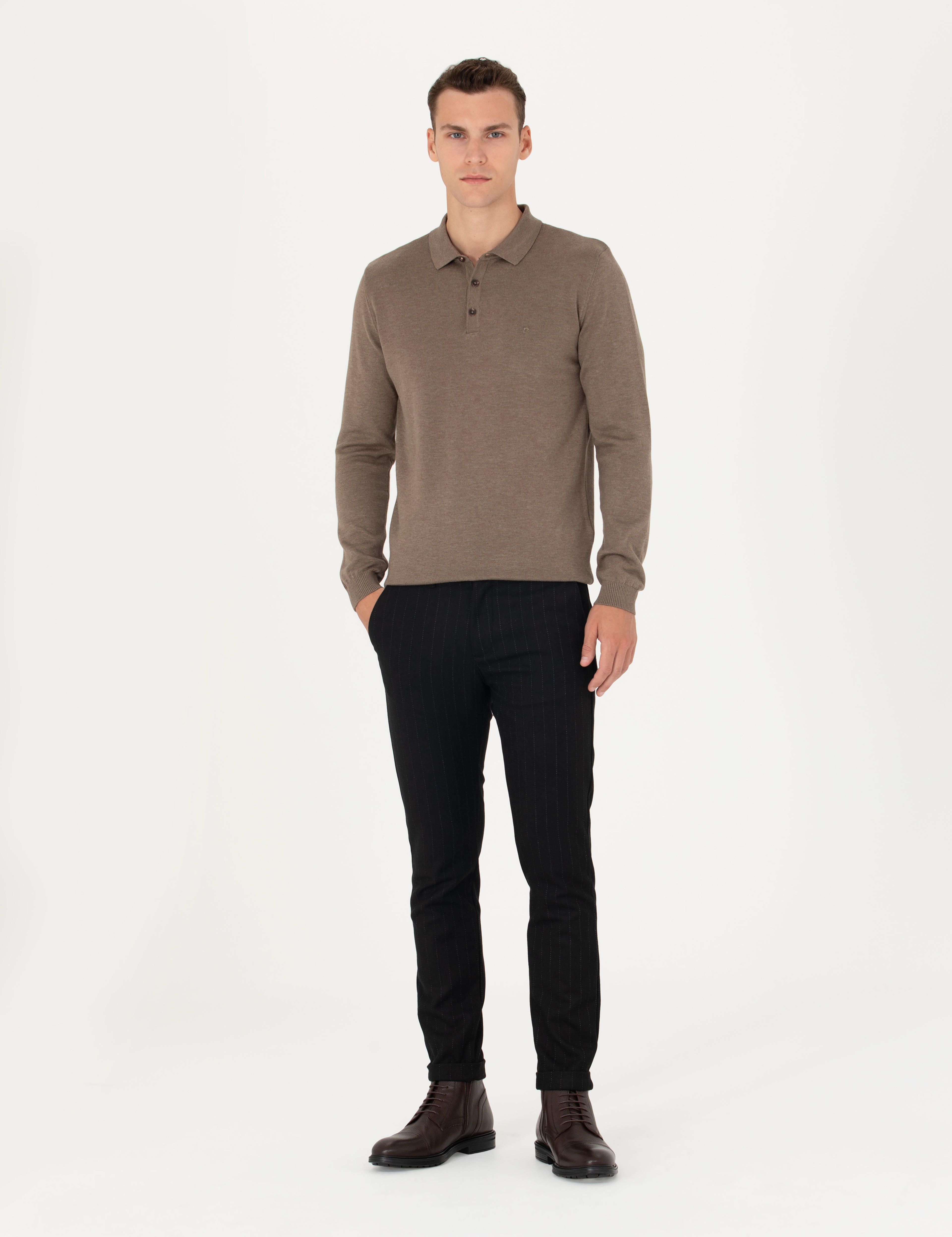Siyah Slim Fit Çizgili Kanvas Pantolon - Image 1