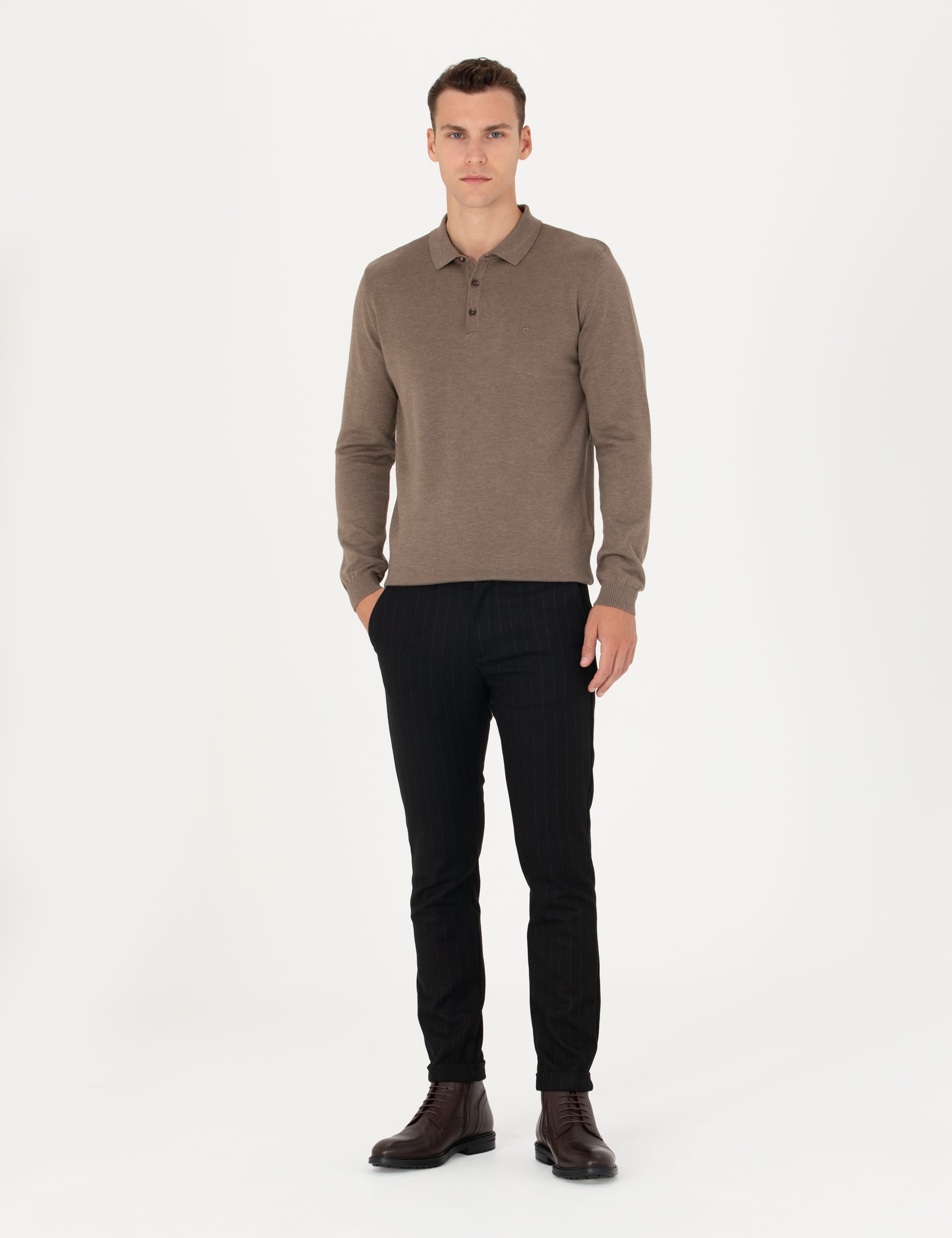 Siyah Slim Fit Çizgili Kanvas Pantolon