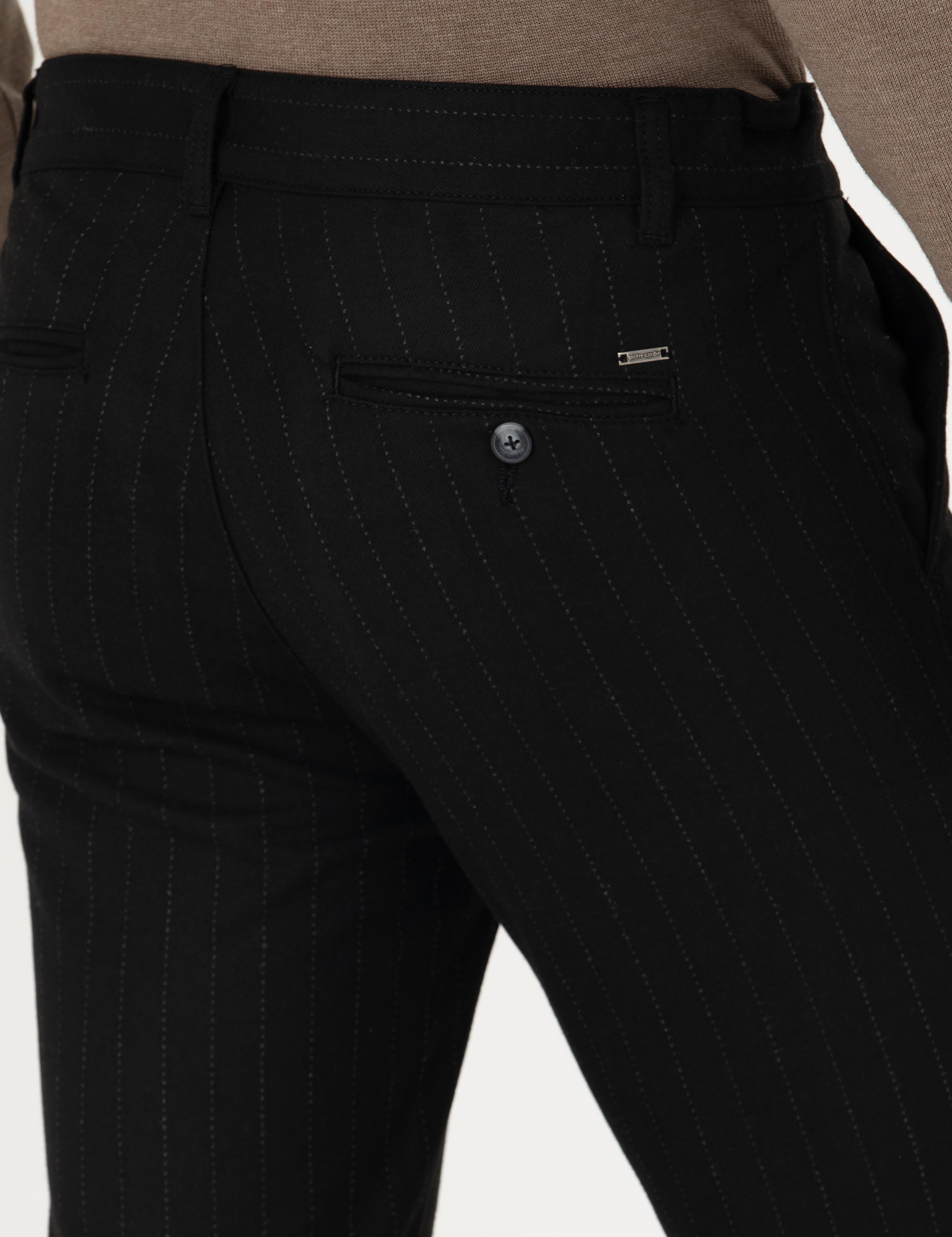 Siyah Slim Fit Çizgili Kanvas Pantolon