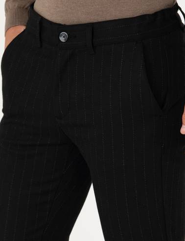 Siyah Slim Fit Çizgili Kanvas Pantolon