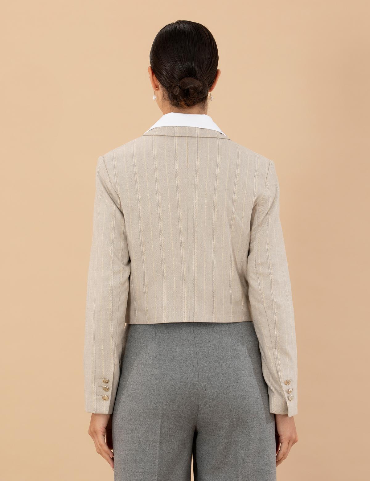 Bej Çizgili Crop Ceket - 50273066002