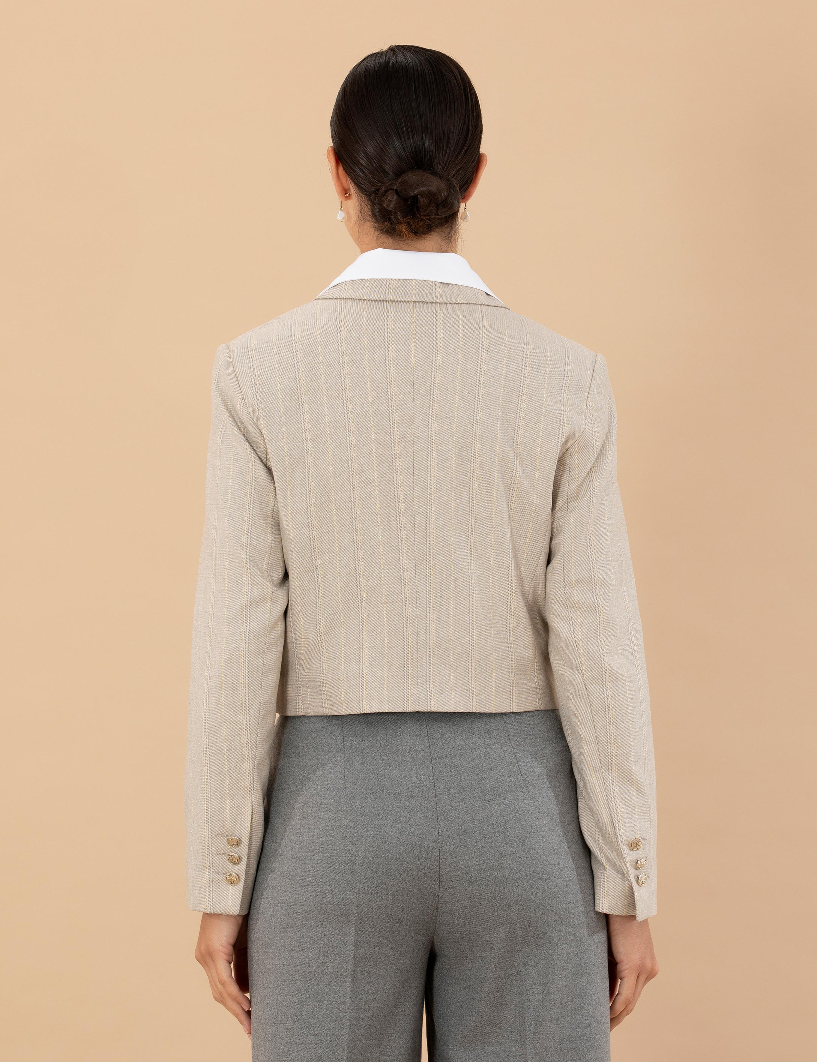 Bej Çizgili Crop Ceket