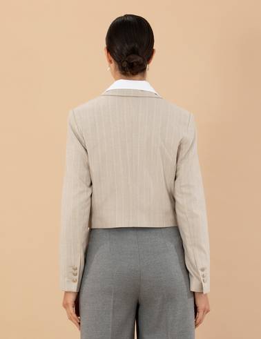 Bej Çizgili Crop Ceket