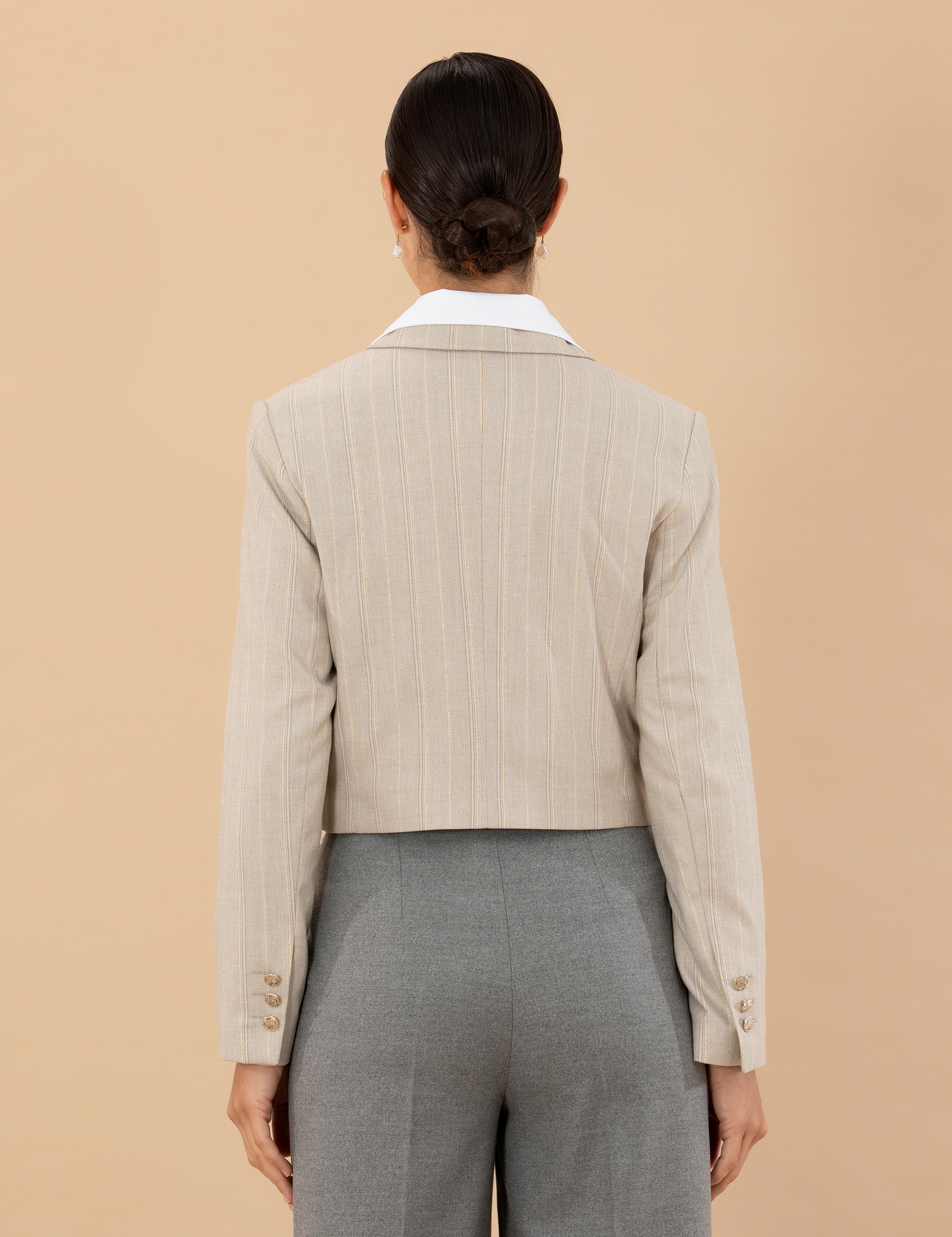 Bej Çizgili Crop Ceket