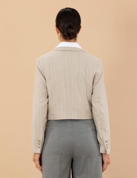 Bej Çizgili Crop Ceket - 50273066002